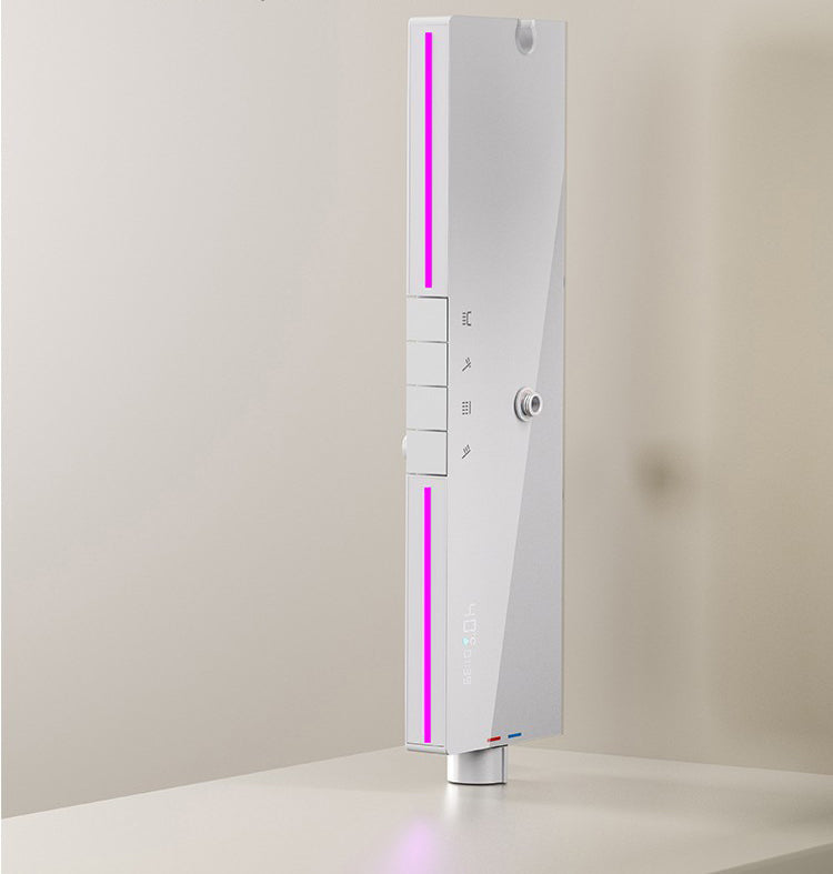 Homelody Thermostatique Système de douche blanc à affichage numérique avec Plateau de Rangement avec mitigeur de Baignoire pour Salle de Bain 4 Fonctions à lumière ambiante