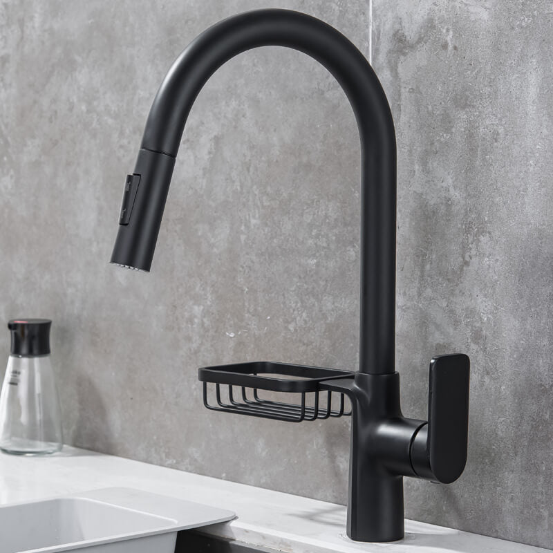 Homelody Noir Robinet Escamotable Evier Bec Pivotant à 360° Mélangeur Cuisine avec Douchette Extractible acier inoxydable et étagères