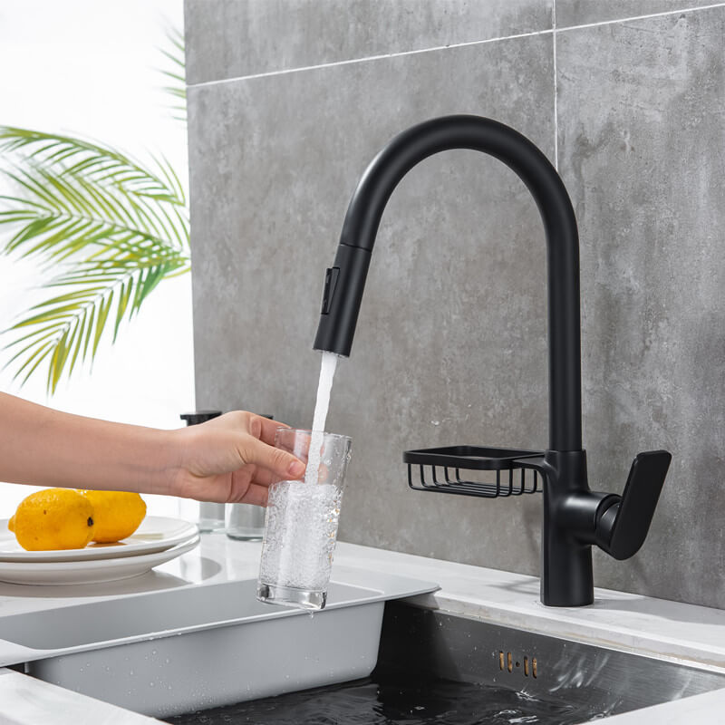 Homelody Noir Robinet Escamotable Evier Bec Pivotant à 360° Mélangeur Cuisine avec Douchette Extractible acier inoxydable et étagères