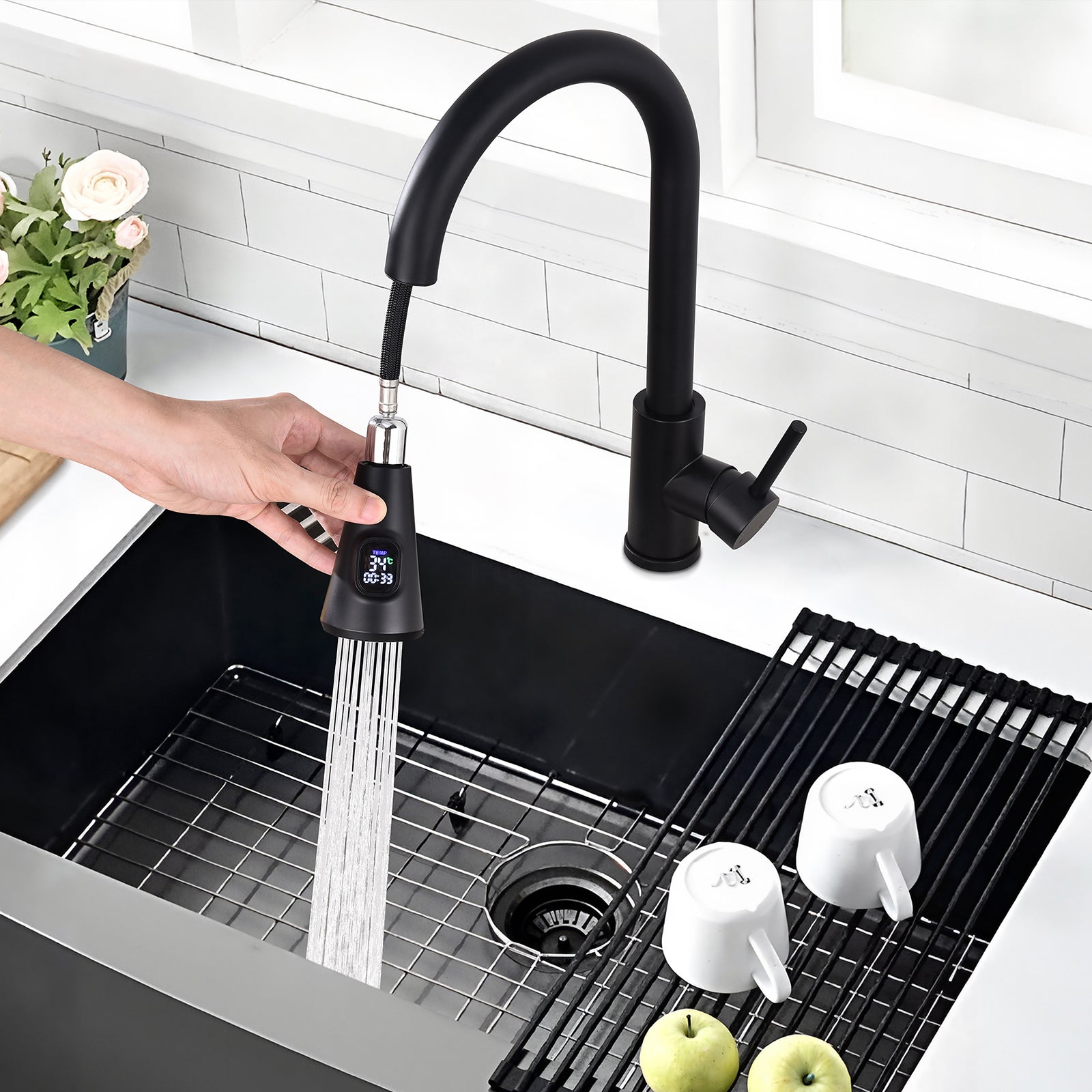 Homelody Robinet Cuisine Avec Affichage LED Température,Mitigeur Cuisine Avec Douchette Pivotant à 360° d'Évier à Arc Élevé Pulvérisateur Escamotable 2 Modes, Acier Inoxydable