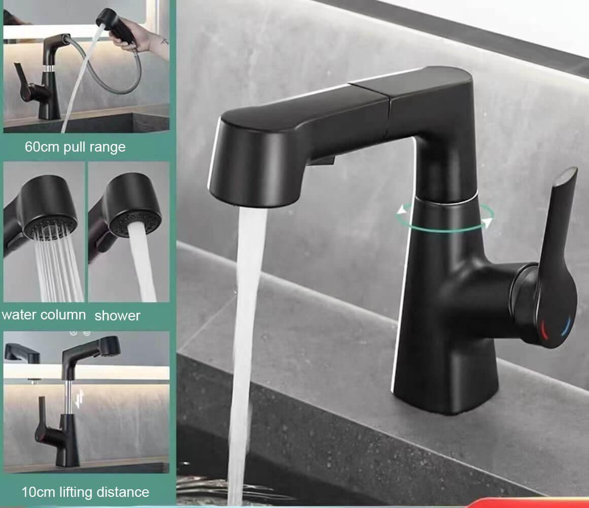 Durable Robinetterie Vasque à Poser Relevable Robinet Salle de Bain avec Douchette Extensible 2 Jets d’Eau Robinet Lavabo