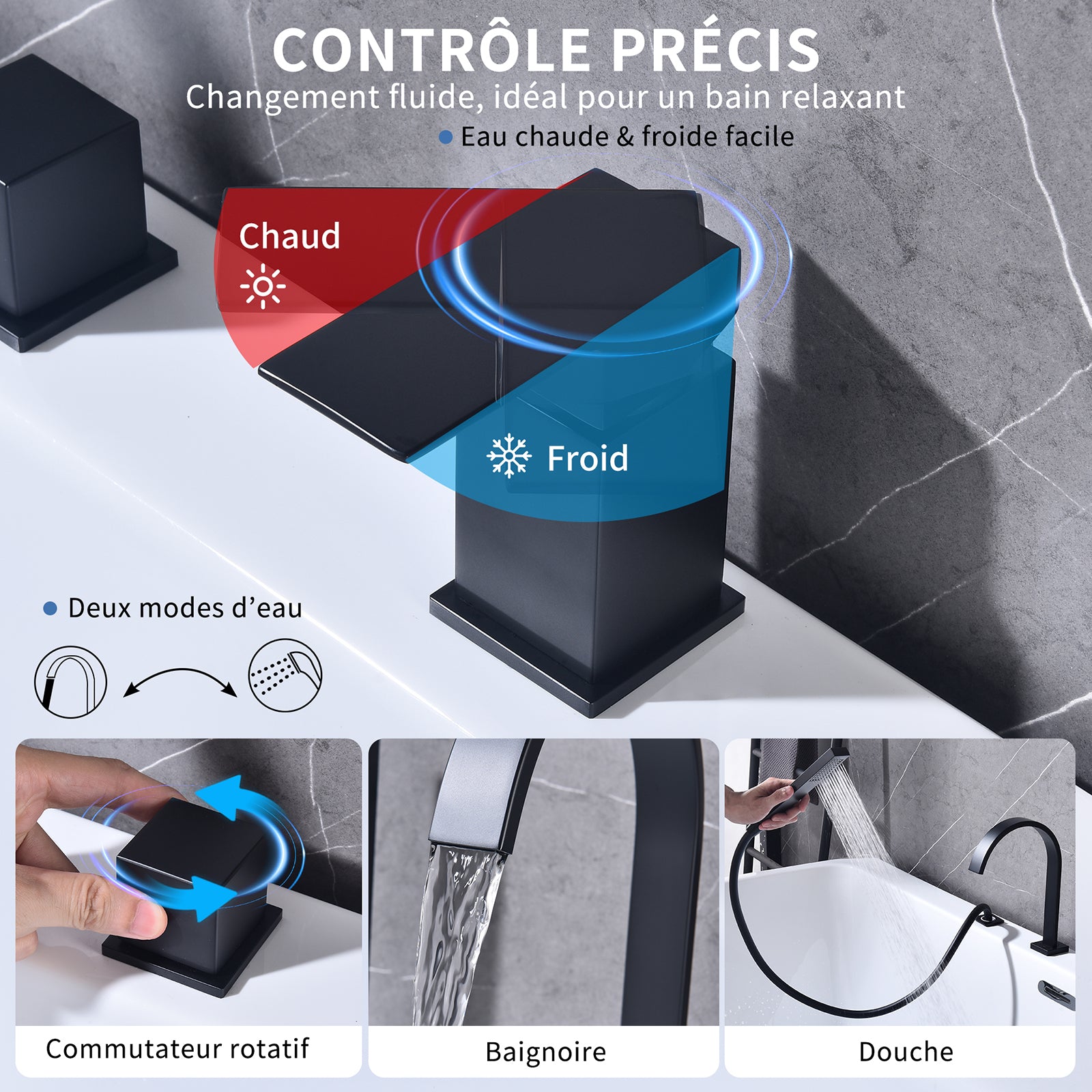 Homelody Robinet Baignoire 4 Trous Noir, Bec Cascade Pivotant 360°, Mitigeur Bain-Douche en Laiton Durable avec Douchette