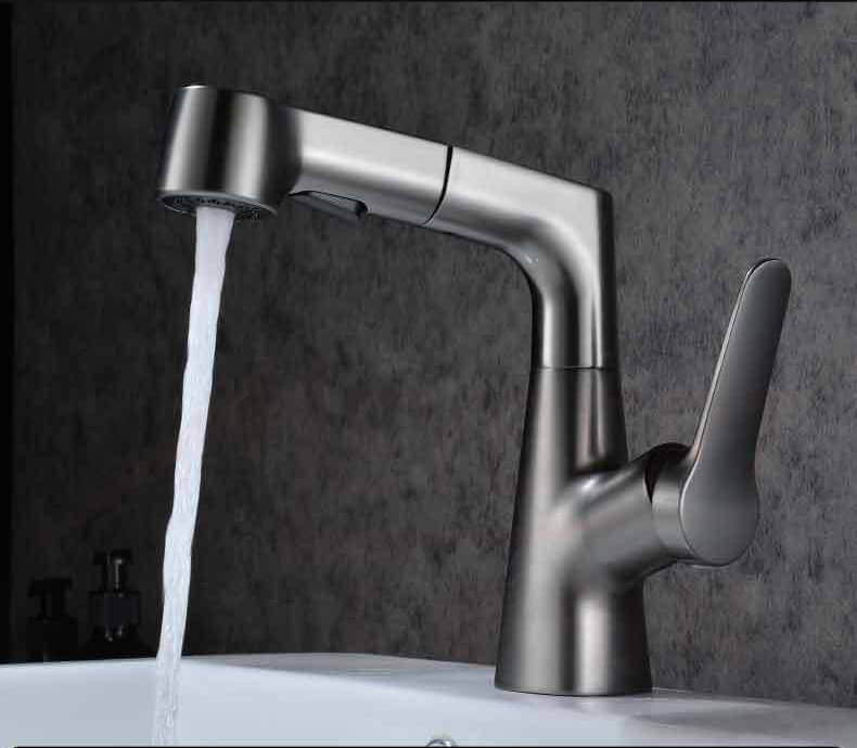 Durable robinetterie vasque à poser relevable robinet salle de bain avec douchette extensible 2 Jets d’eau robinet lavabo, Blanc