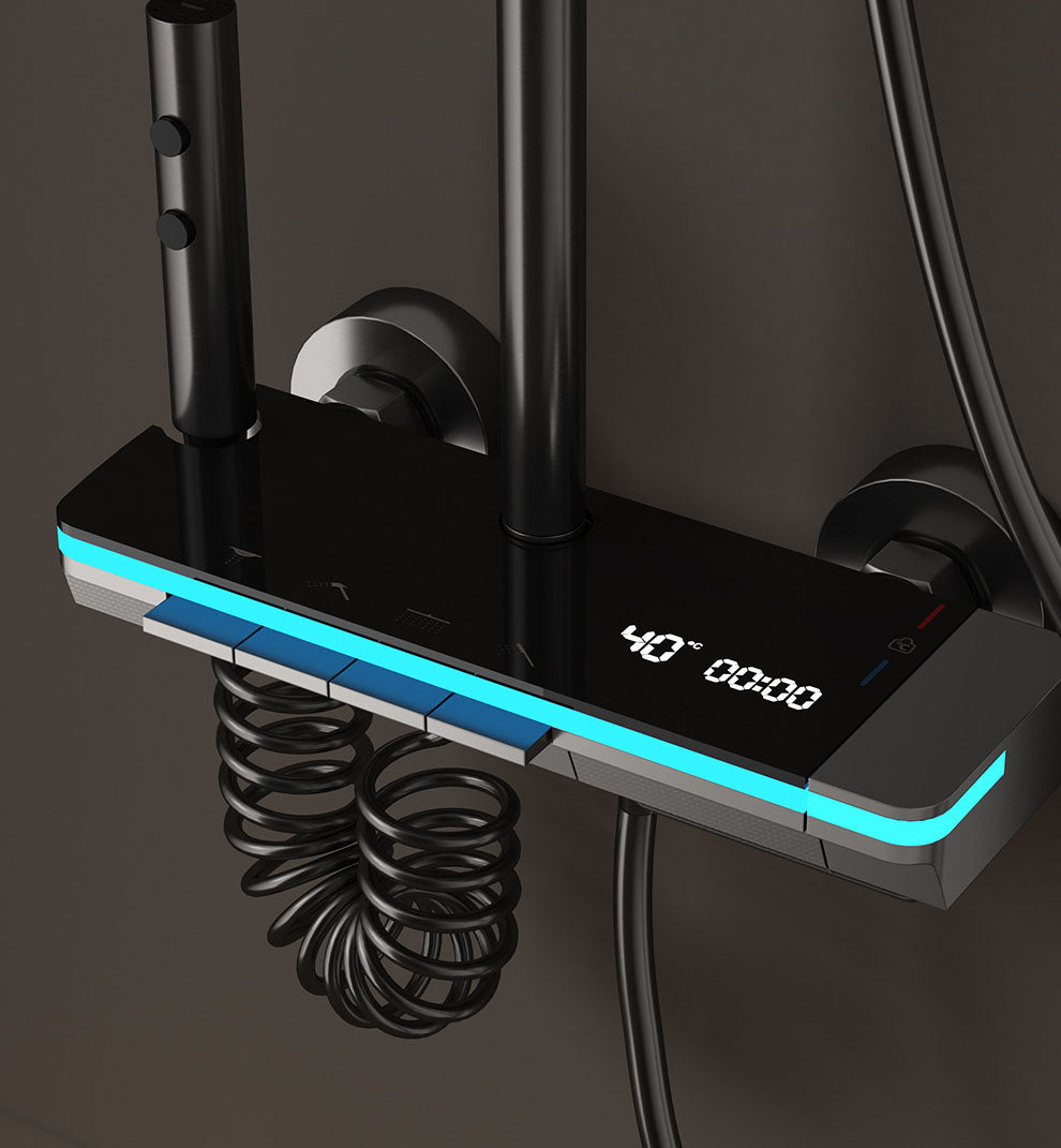 2025 TOP 1 👍 Homelody 40℃ Thermostatique Système de douche à affichage numérique avec Plateau de Rangement avec mitigeur de Baignoire pour Salle à lumière ambiante