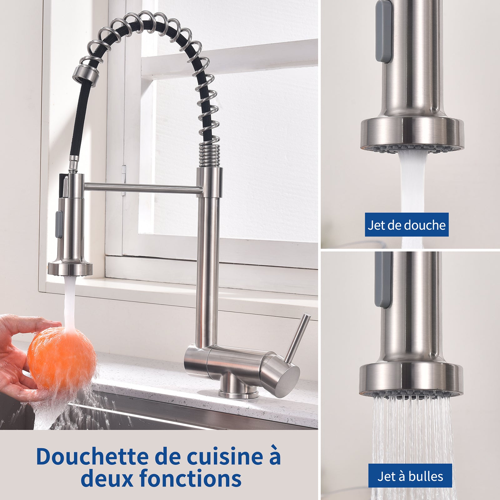 Homelody Mitigeur de Cuisine Rabattable Robinet Cuisine Pliable avec 2 Jets aux Choix Mitigeur d'évier à Ressort en Acier Bec 360° Rotatif Brossé