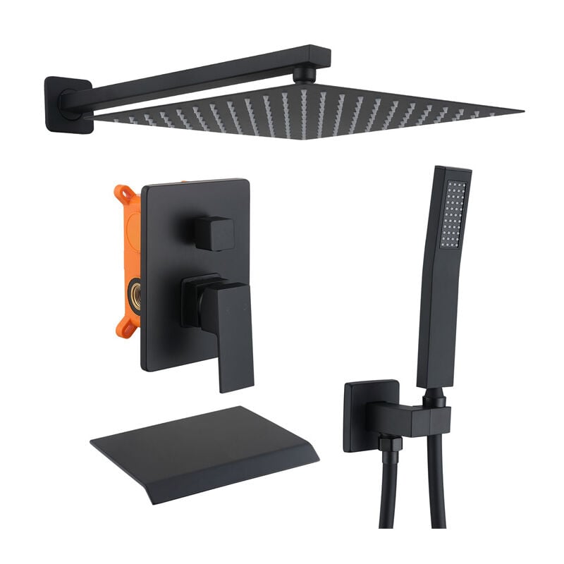 Homelody Colonne de Douche Encastrée OHPA - Ensemble de Douche Noir,Bec déverseur de baignoire,30x30cm Douche de Tête,avec Douchette,Laiton&Acier Inoxydable