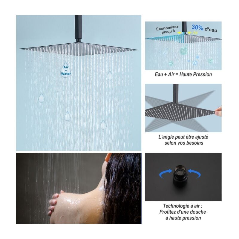 Homelody Colonne de Douche Thermostatique à Encastrer Kit de Douche Colonne de Douche Encastrée Noir Ensemble de Douche  Avec 16 Pouces Tête de Douche  Corps en Laiton Monté au Plafond