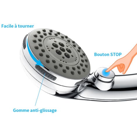 Homelody Pommeau de Douche Chromé avec Bouton Stop Douchette à Main 5 Jets au Choix Pomme de Douche Picots Anticalaire Type Universel