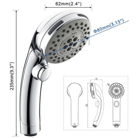 Homelody Pommeau de Douche Chromé avec Bouton Stop Douchette à Main 5 Jets au Choix Pomme de Douche Picots Anticalaire Type Universel