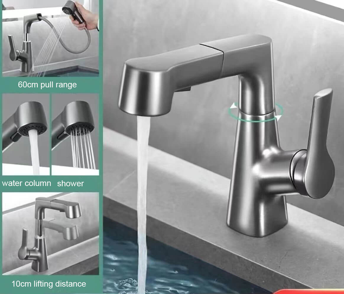 Durable Robinetterie Vasque à Poser Relevable Robinet Salle de Bain avec Douchette Extensible 2 Jets d’Eau Robinet Lavabo