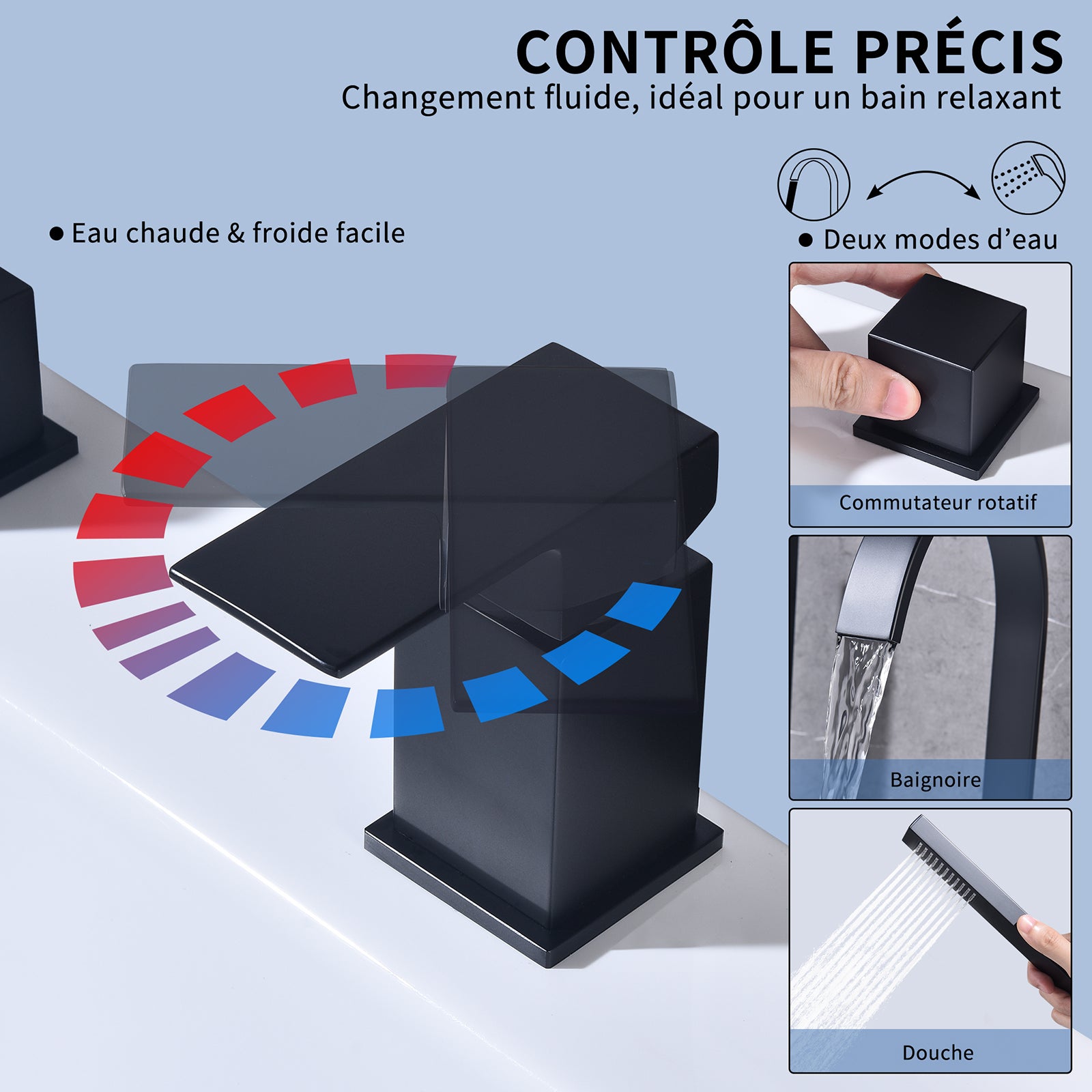 Homelody Robinet Baignoire 4 Trous Noir, Bec Cascade Pivotant 360°, Mitigeur Bain-Douche en Laiton Durable avec Douchette