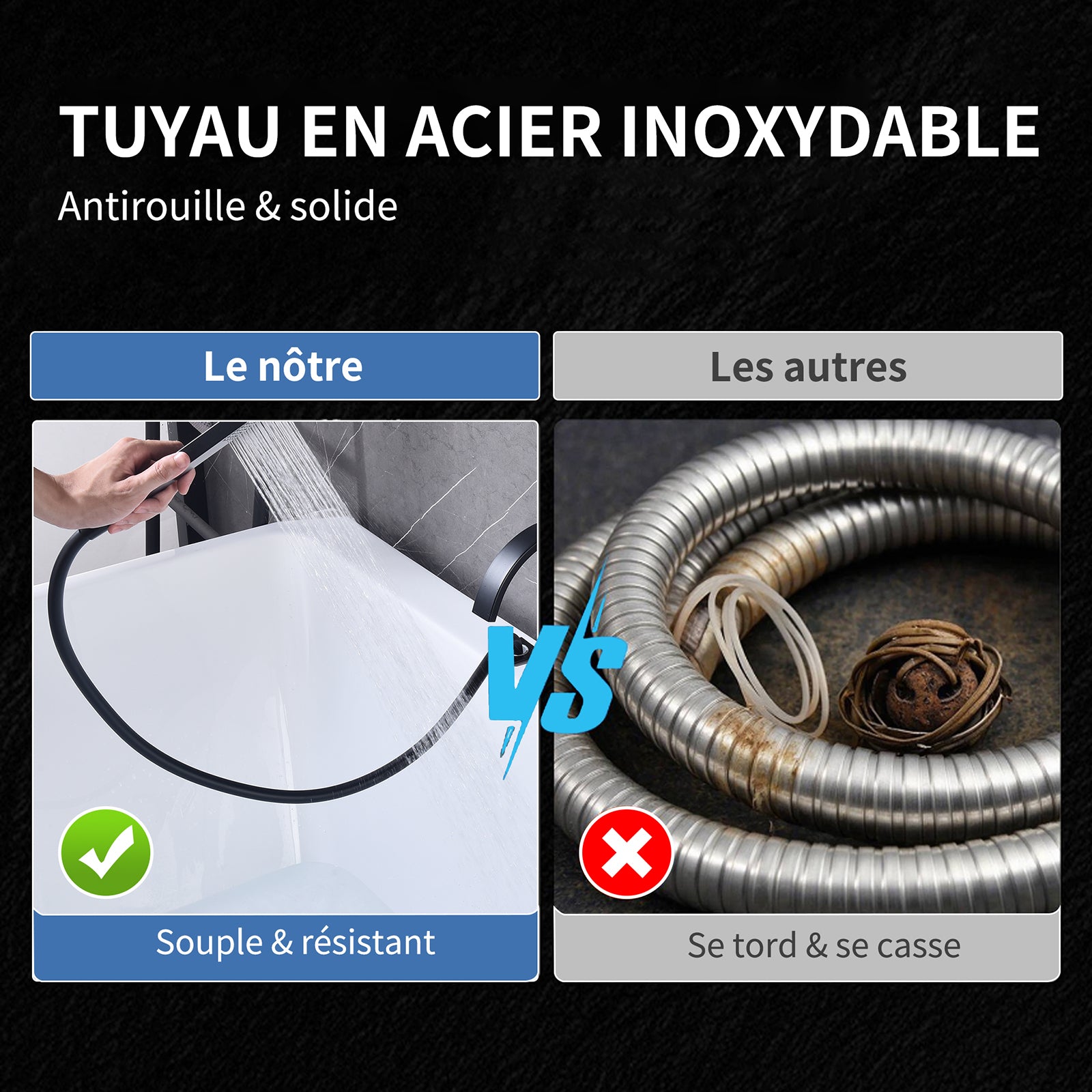 Homelody Robinet Baignoire 4 Trous Noir, Bec Cascade Pivotant 360°, Mitigeur Bain-Douche en Laiton Durable avec Douchette