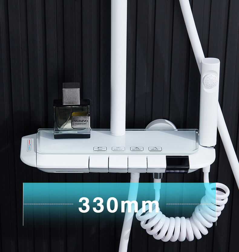 Homelody Blanc Thermostatique Système de douche à affichage numérique avec Plateau de Rangement avec mitigeur de Baignoire pour Salle de Bain 4 Fonctions à lumière ambiante