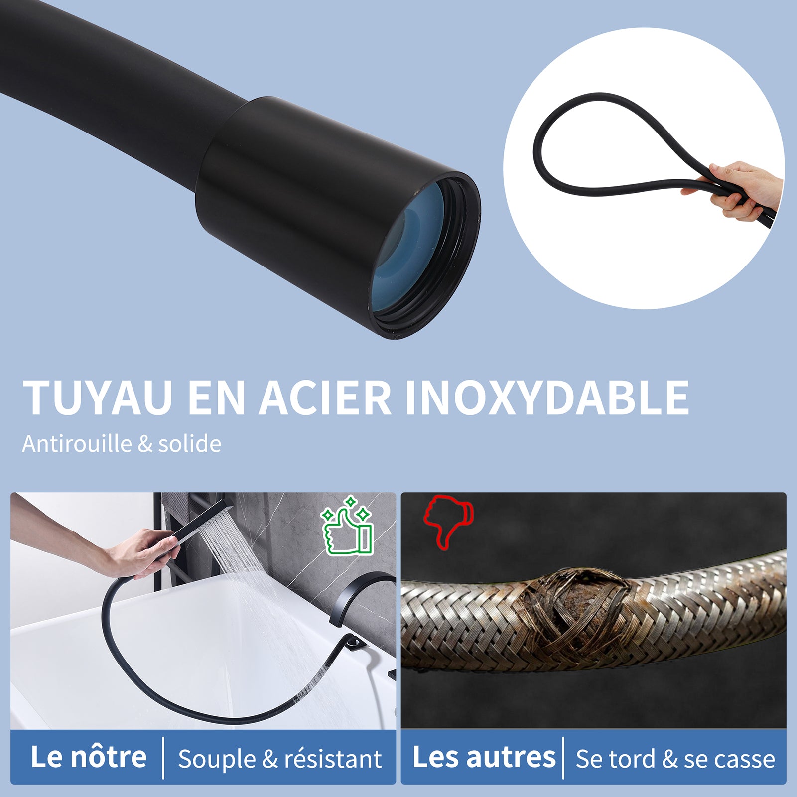 Homelody Robinet Baignoire 4 Trous Noir, Bec Cascade Pivotant 360°, Mitigeur Bain-Douche en Laiton Durable avec Douchette