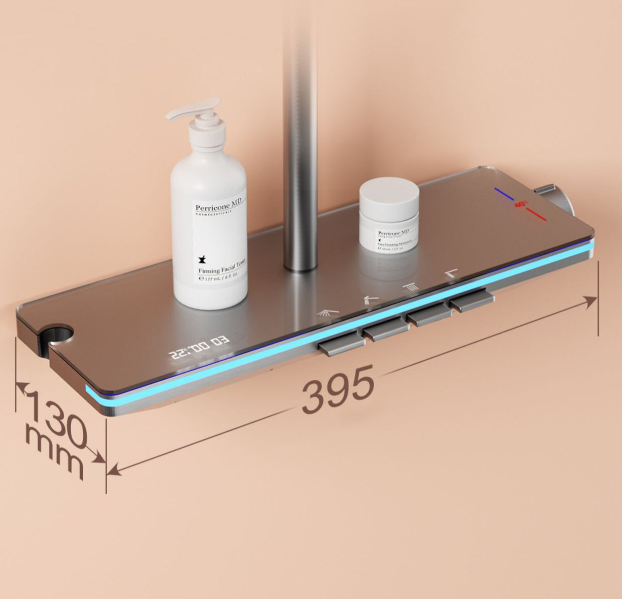 Homelody Thermostatique Système de douche à affichage numérique avec Plateau de Rangement avec mitigeur de Baignoire pour Salle de Bain 4 Fonctions à lumière ambiante