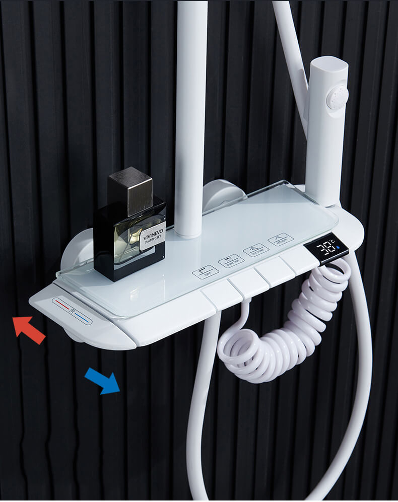 Homelody Blanc Thermostatique Système de douche à affichage numérique avec Plateau de Rangement avec mitigeur de Baignoire pour Salle de Bain 4 Fonctions à lumière ambiante