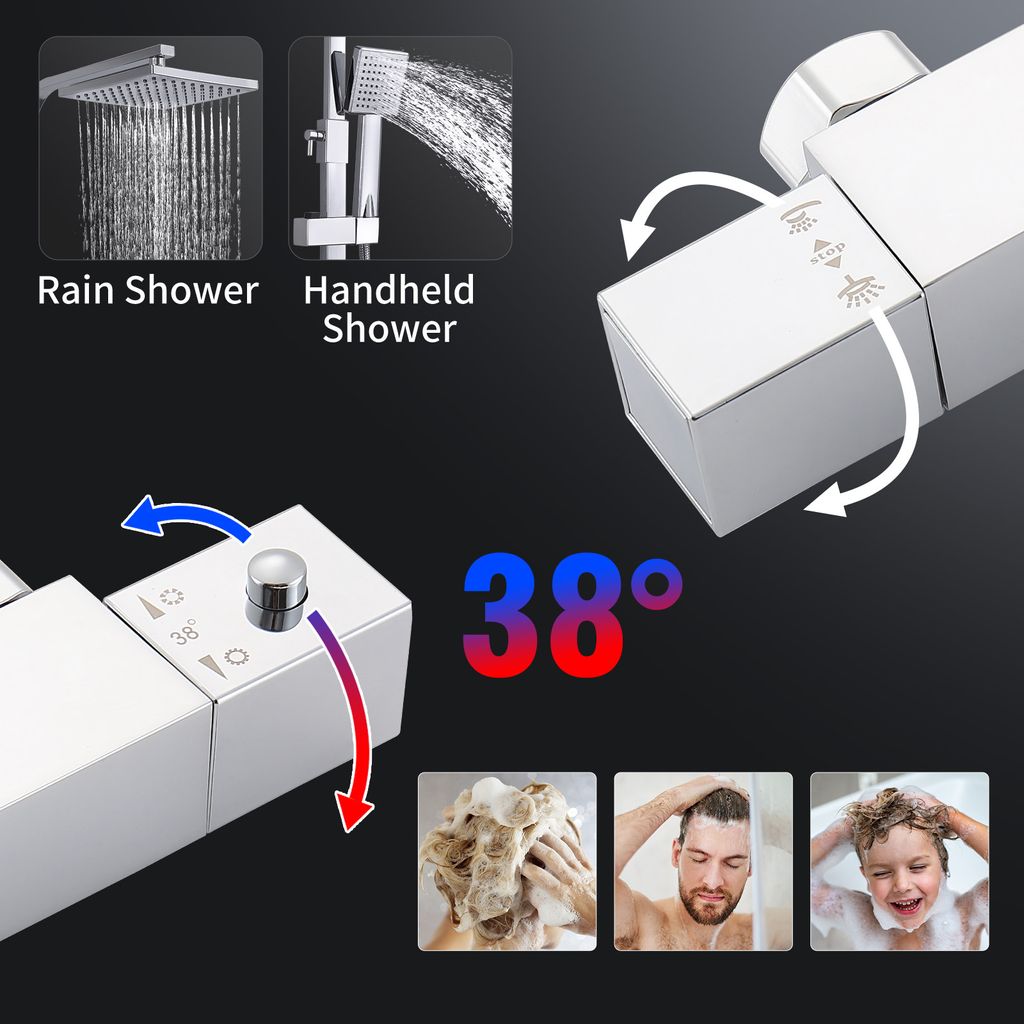 Système de douche Homelody avec thermostat, kit de douche en laiton avec robinetterie Pomme de douche à effet pluie (200 x 200 mm) Douchette, flexible, barre de douche, robinetterie de douche