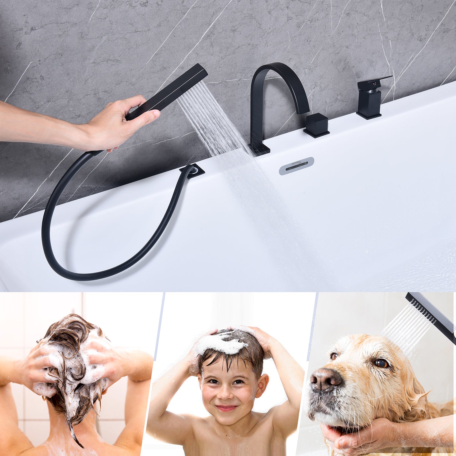 Homelody Robinet Baignoire 4 Trous Noir, Bec Cascade Pivotant 360°, Mitigeur Bain-Douche en Laiton Durable avec Douchette