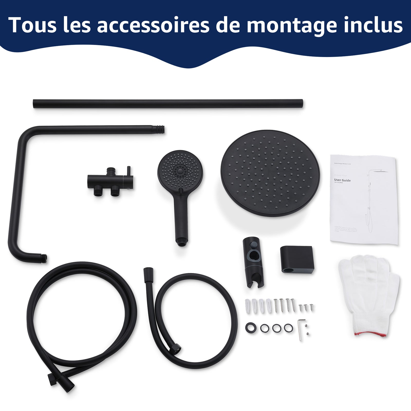 Homelody Système de douche sans thermostat + Mitigeur Douche Thermostatique Cascade Noir Mat