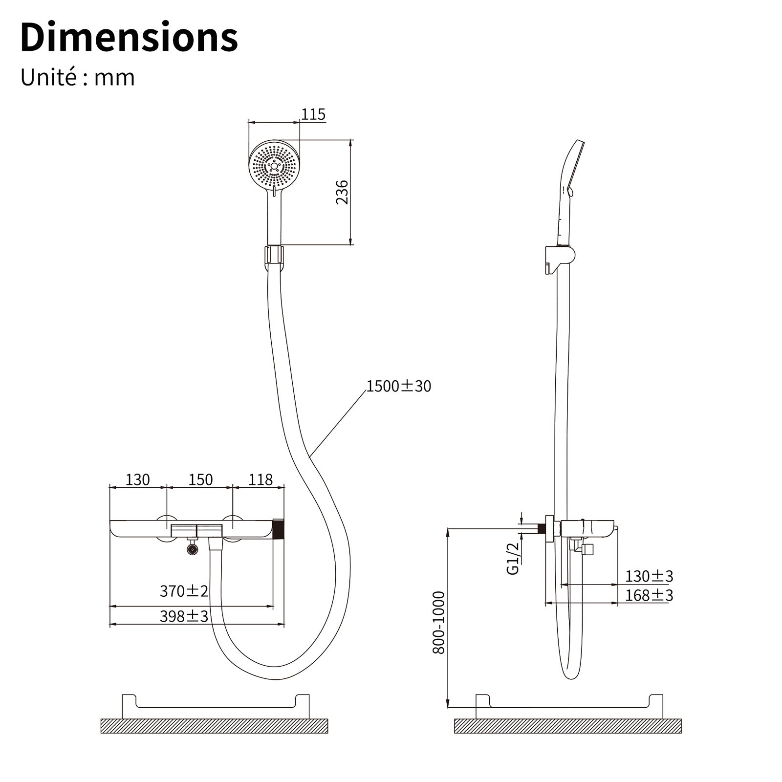 HOMELODY Robinet Baignoire avec Tablette 120×370 mm, Douchette à Main et Sortie Bain, Chrome