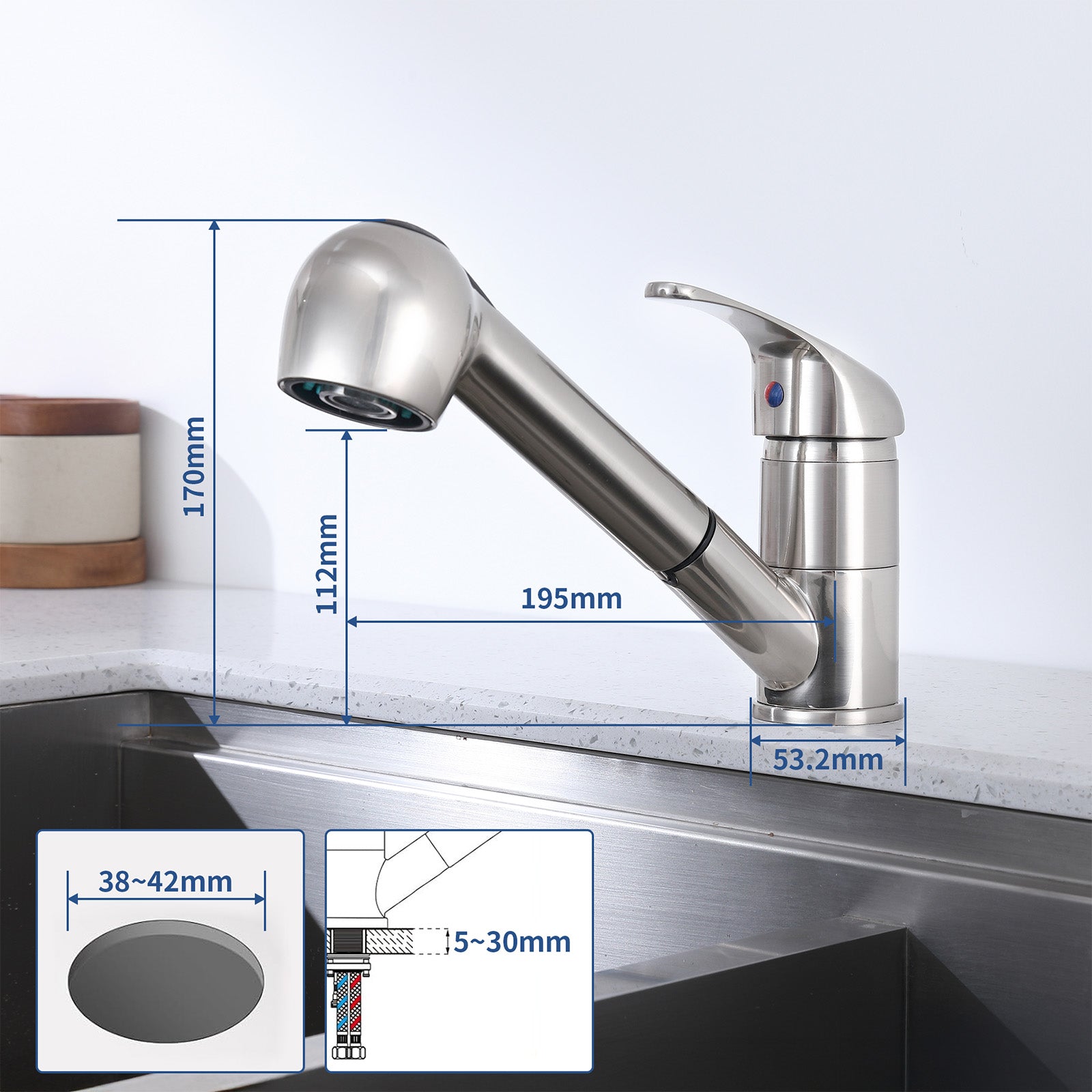 Robinet de Cuisine avec Douchette Extractible Mitigeur de cuisine 180° Bec Rotatif Mitigeur d'Évier en Acier inoxydable Mitigeur Cuisine et Chaude et Froide Noir