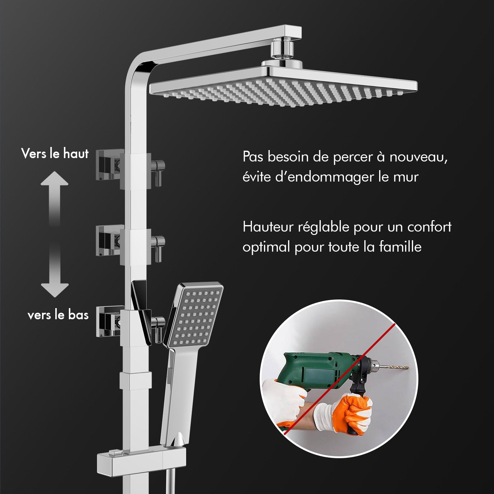 Système de douche Homelody avec thermostat, kit de douche en laiton avec robinetterie Pomme de douche à effet pluie (200 x 200 mm) Douchette, flexible, barre de douche, robinetterie de douche