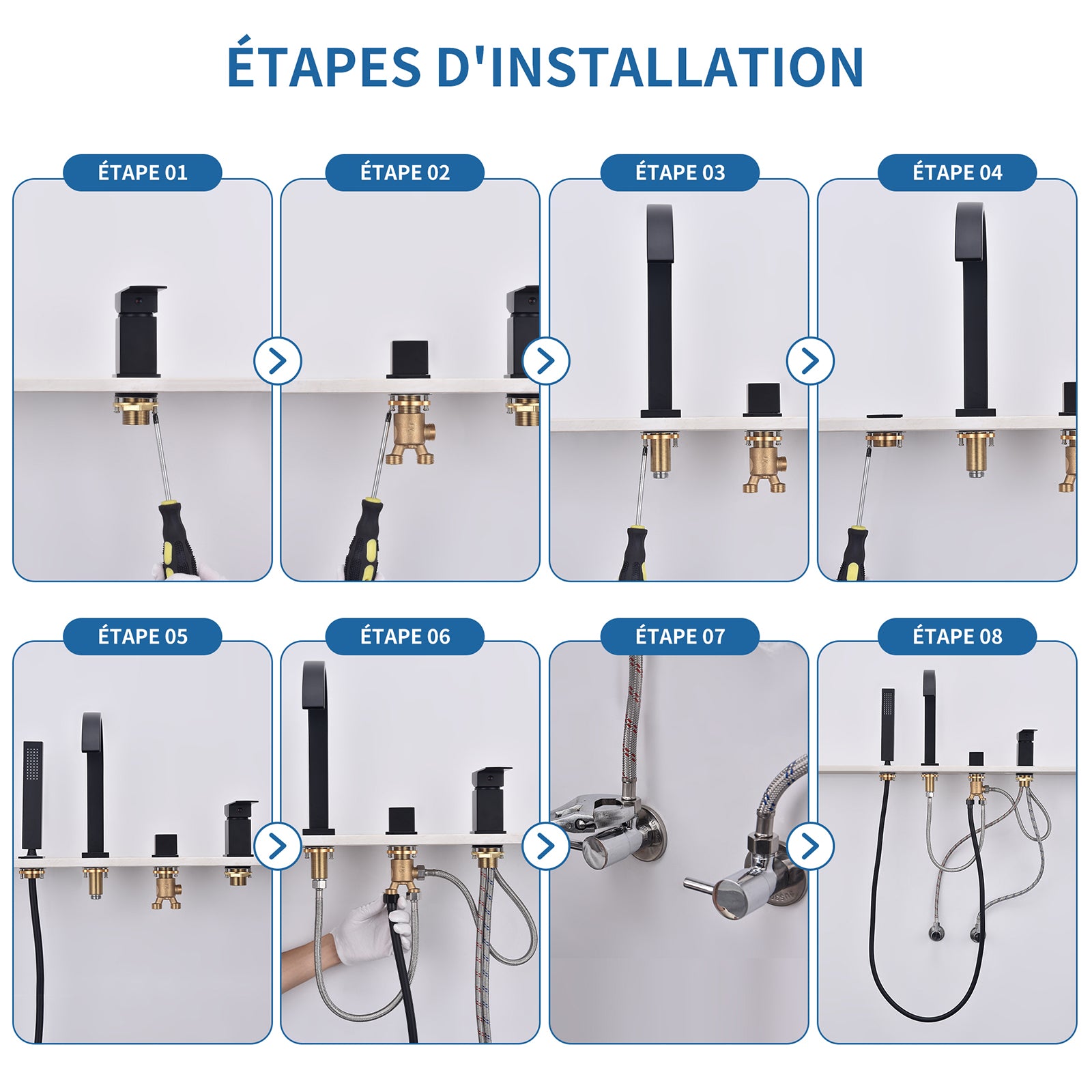 Homelody Robinet Baignoire 4 Trous Noir, Bec Cascade Pivotant 360°, Mitigeur Bain-Douche en Laiton Durable avec Douchette