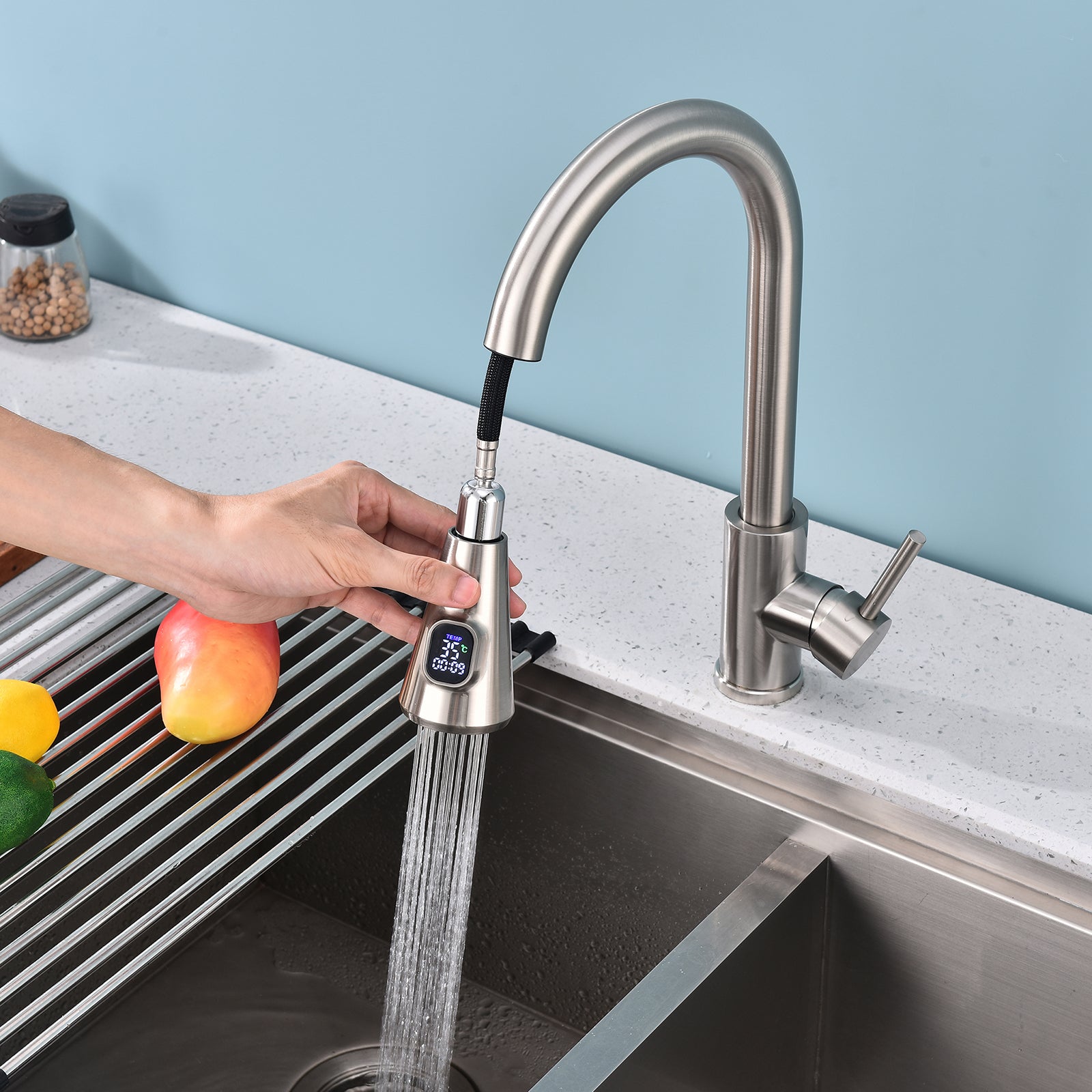 Homelody Robinet Cuisine Avec Affichage LED Température,Mitigeur Cuisine Avec Douchette Pivotant à 360° d'Évier à Arc Élevé Pulvérisateur Escamotable 2 Modes, Acier Inoxydable