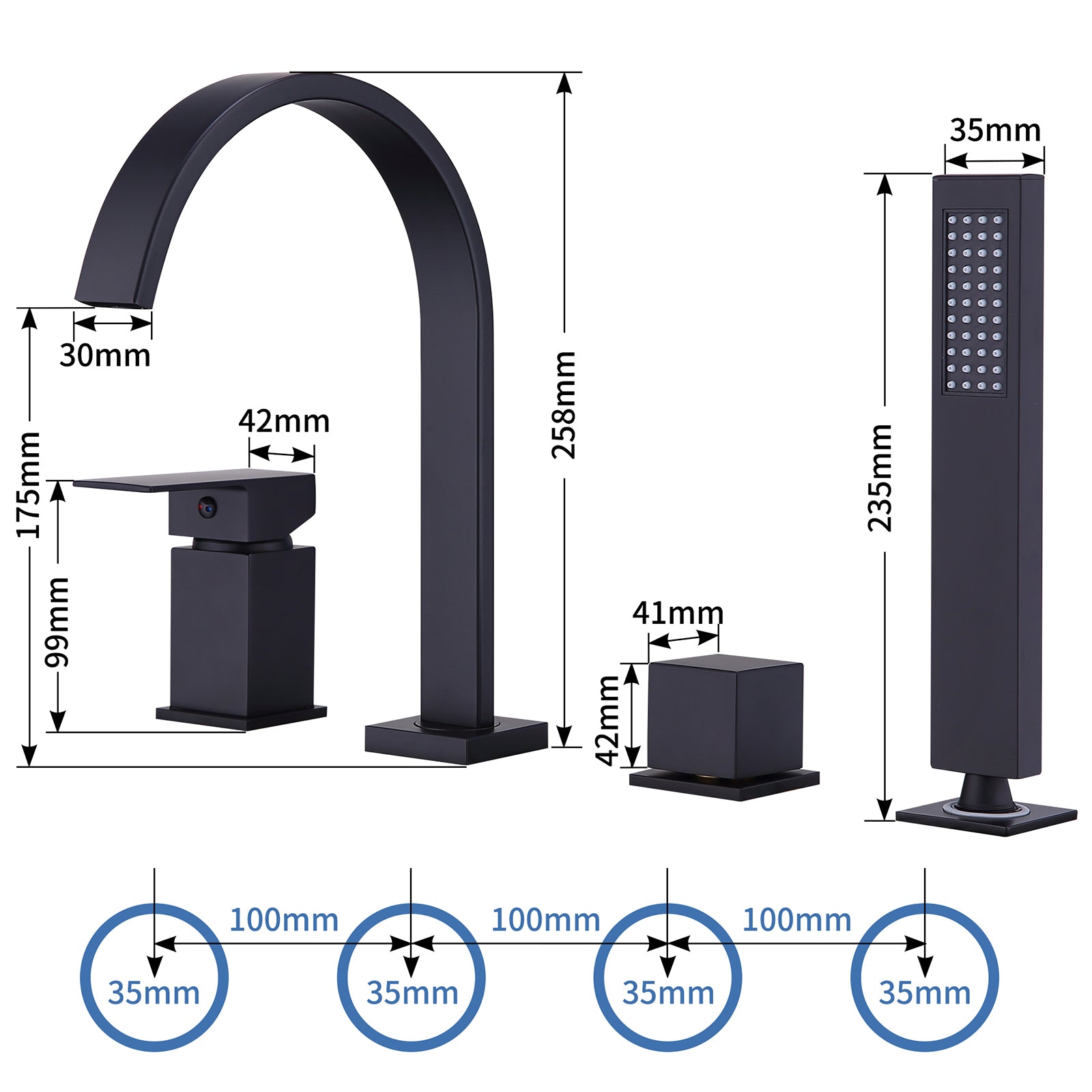 Homelody Robinet Baignoire 4 Trous Noir, Bec Cascade Pivotant 360°, Mitigeur Bain-Douche en Laiton Durable avec Douchette