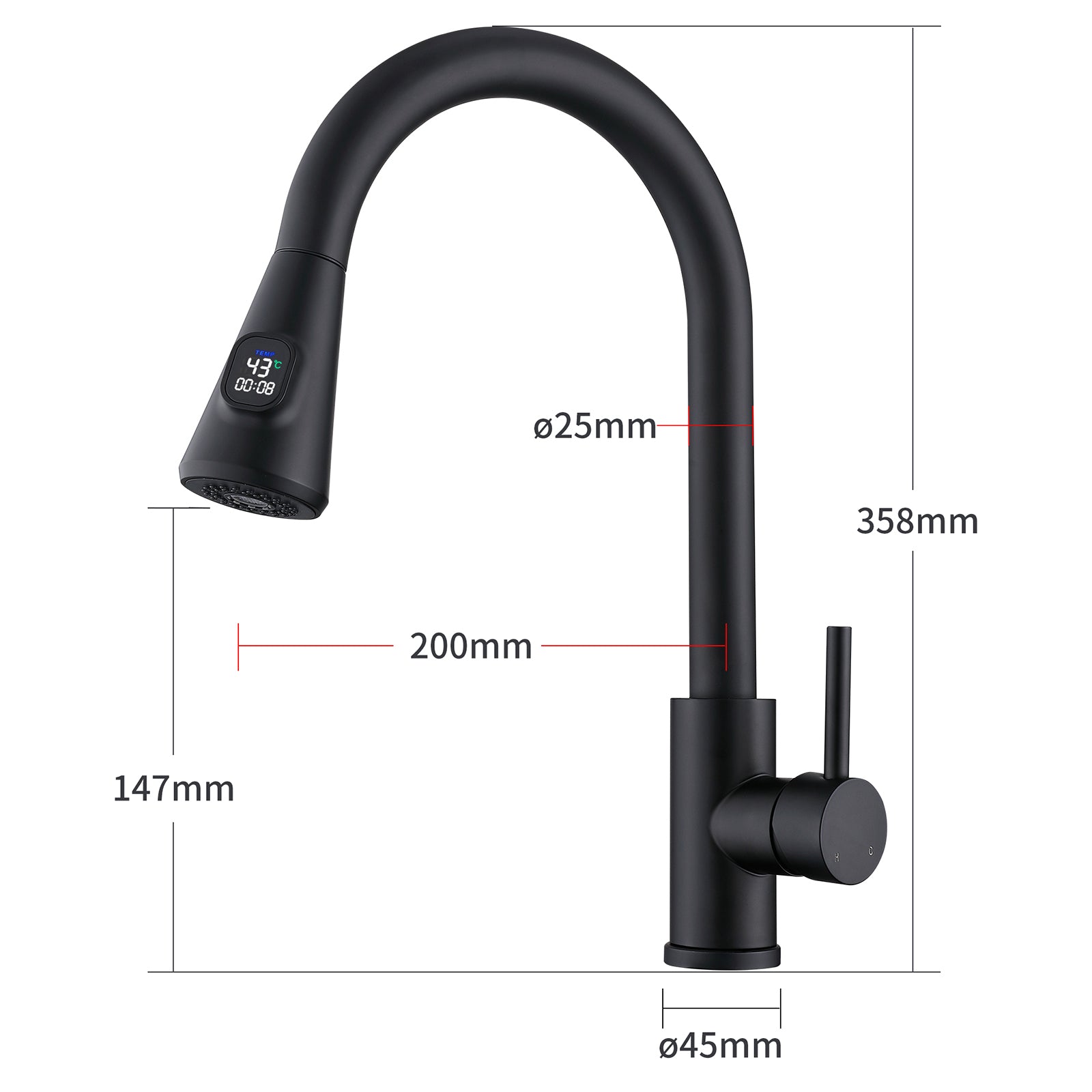 Homelody Robinet Cuisine Avec Affichage LED Température,Mitigeur Cuisine Avec Douchette Pivotant à 360° d'Évier à Arc Élevé Pulvérisateur Escamotable 2 Modes, Acier Inoxydable