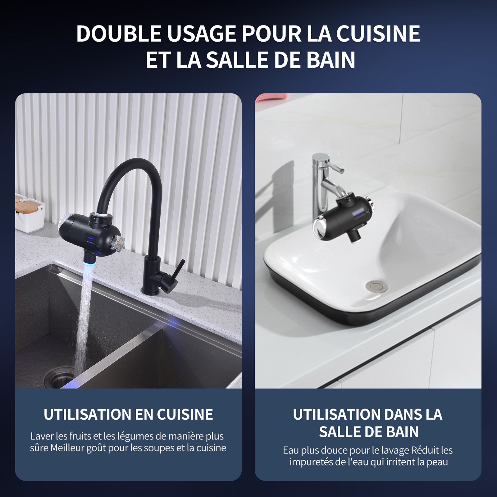 HOMELODY Filtre à eau robinet 3.0 avec affichage LED, filtre à eau potable pour cuisine, élimine le chlore, les métaux lourds et le mauvais goût, 12 adaptateurs avec lumière bleue (1 filtre inclus)