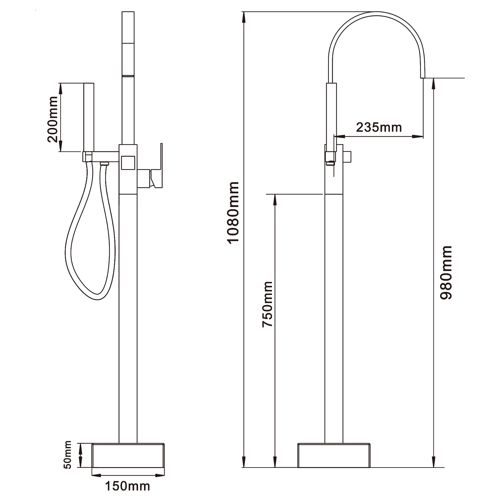 Homelody Mitigeur de Baignoire sur Pied Noir en Laiton, Bec Cascade Pivotant 360°, Double Sortie (Bec + Douchette), Mitigeur Monocommande Réglable