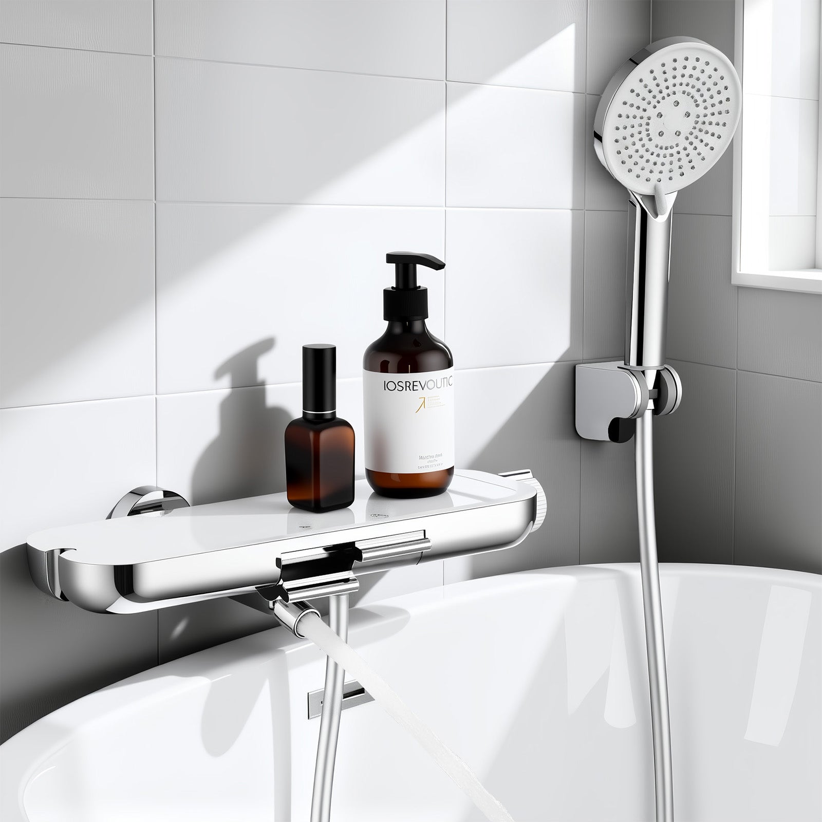 HOMELODY Robinet Baignoire avec Tablette 120×370 mm, Douchette à Main et Sortie Bain, Chrome