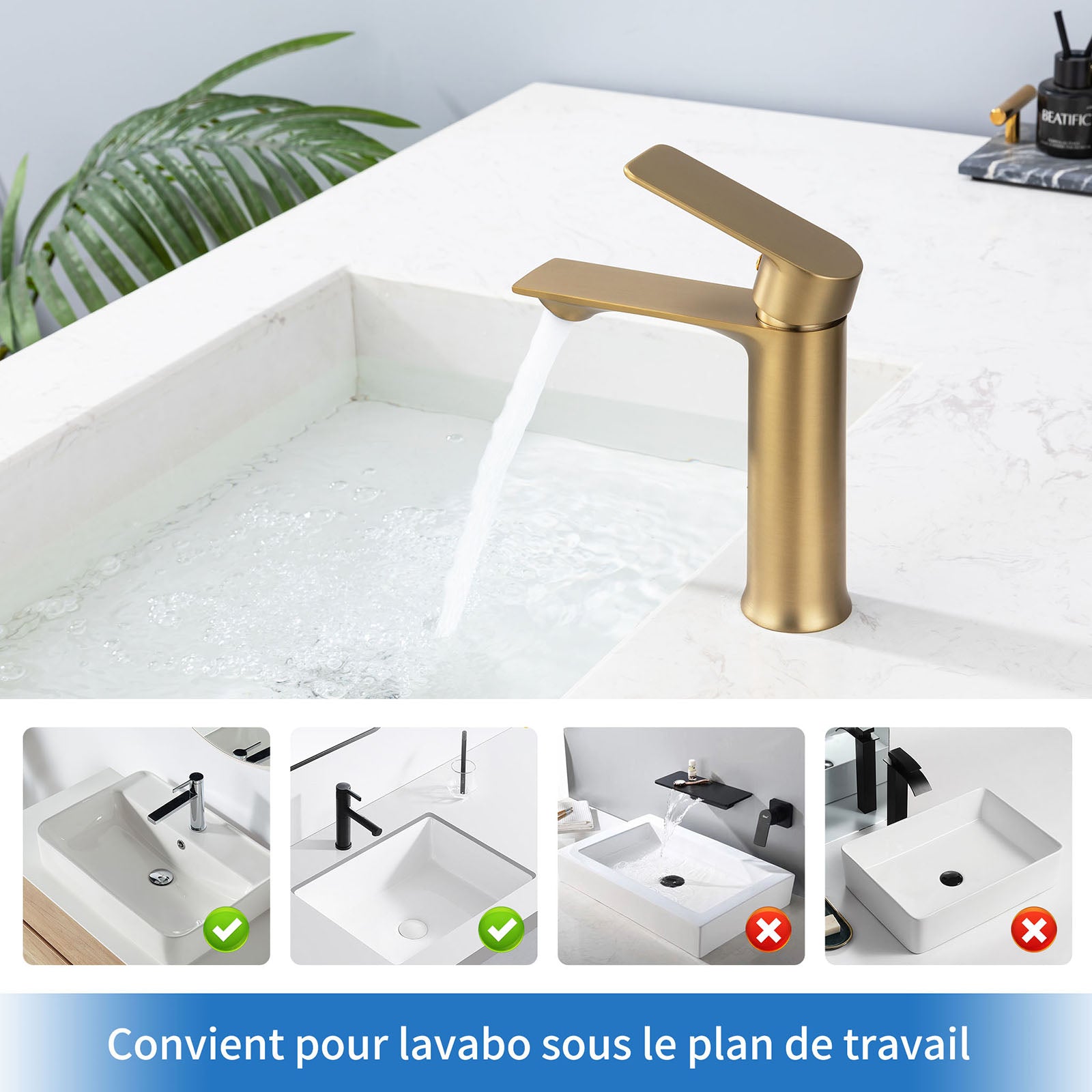 Homelody Mitigeur Lavabo Doré Monocommande – Robinet Salle de Bain en Inox, Température et Débit Réglables
