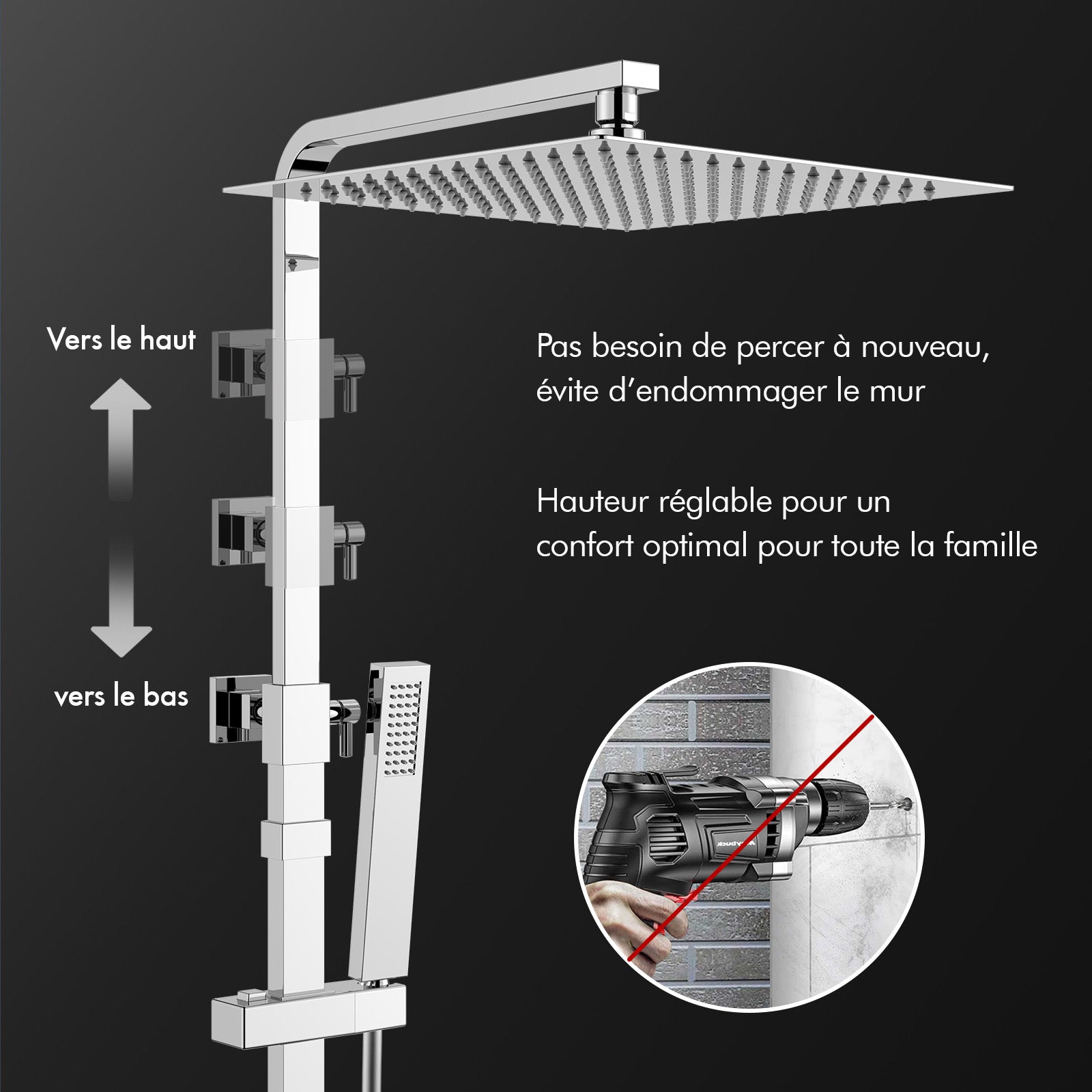 Homelody Colonne de Douche Thermostatique Système de Douche Hauteur Réglable Colonne de Douche Avec Grand Jet de Plafond Carré de 12 Pouces Ensemble de Douche Chromé Corps en Laiton