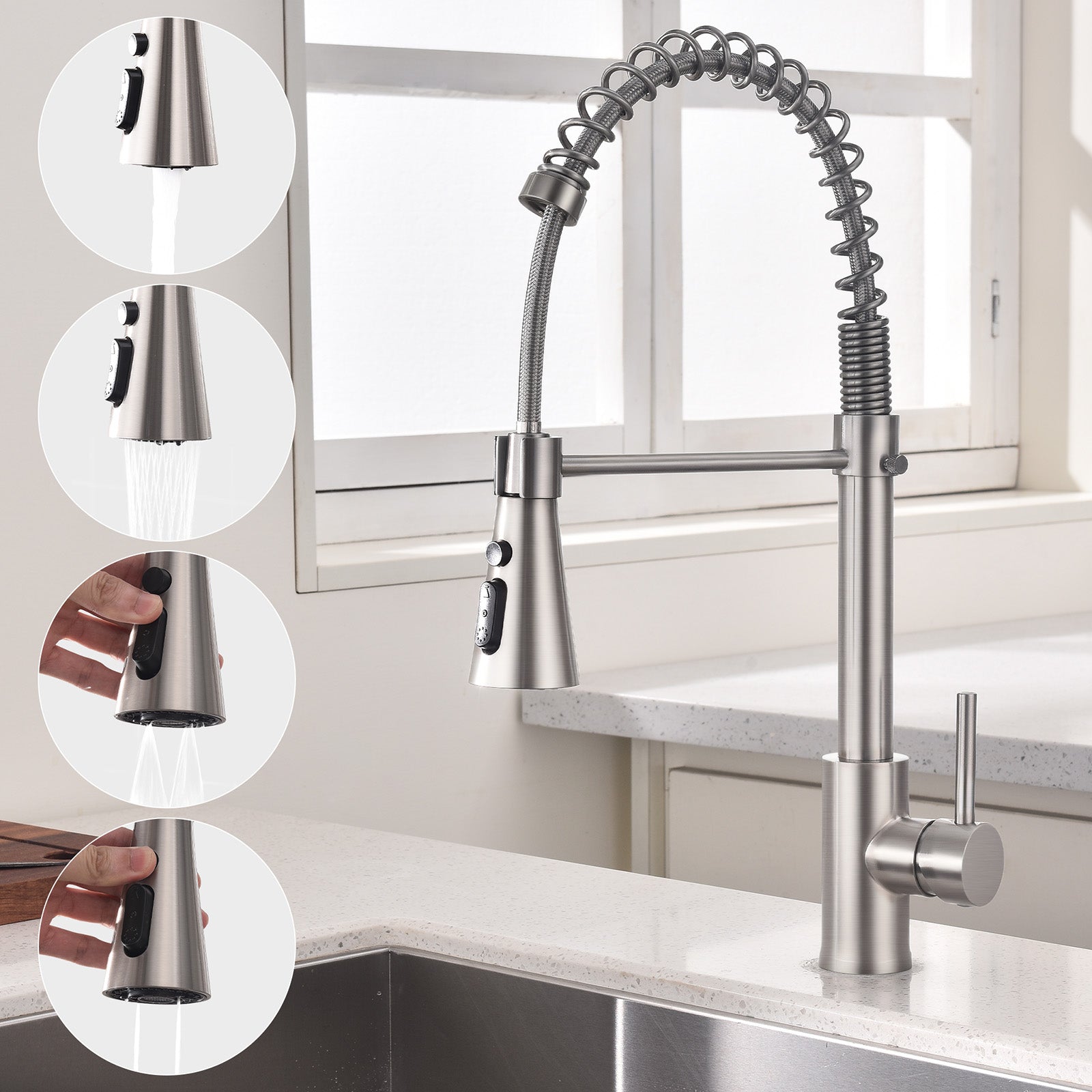 Homelody Mitigeur de Cuisine à Ressort 360° – Douchette 4 Fonctions, Contrôle Température & Débit