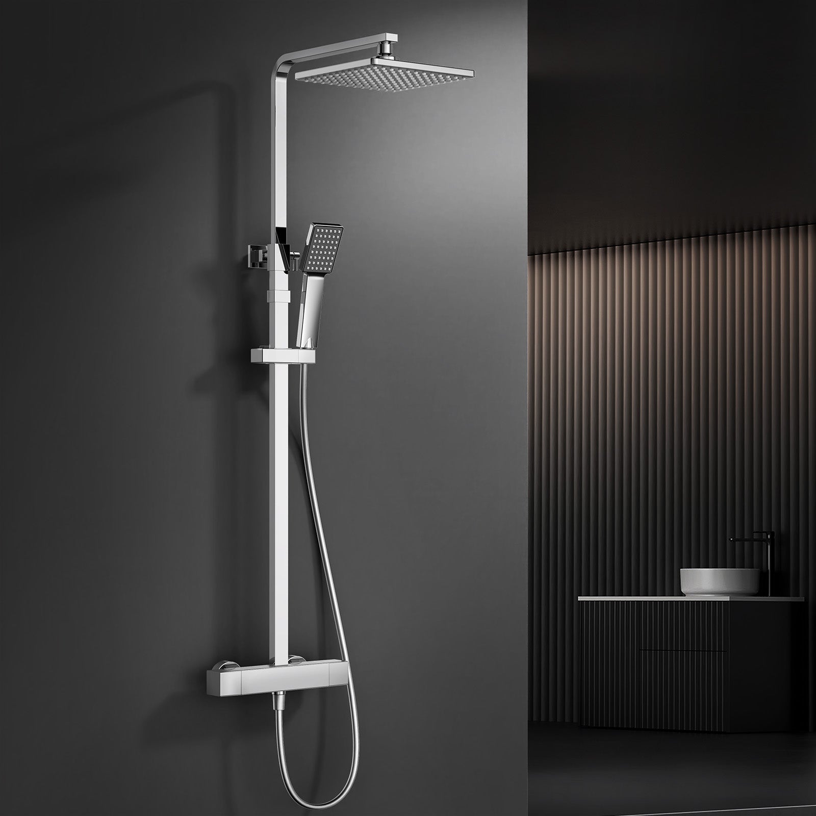Système de douche Homelody avec thermostat, kit de douche en laiton avec robinetterie Pomme de douche à effet pluie (200 x 200 mm) Douchette, flexible, barre de douche, robinetterie de douche
