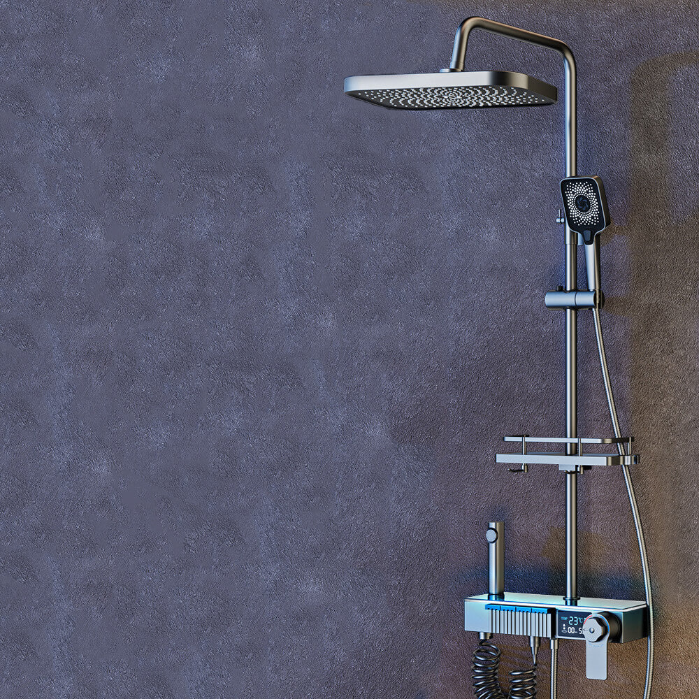 Homelody Carré 40 ℃ Thermostatique Hauteur Réglable Système de douche à affichage numérique avec Plateau de Rangement avec mitigeur de Baignoire pour Salle de Bain 4 Fonctions à lumière ambiante