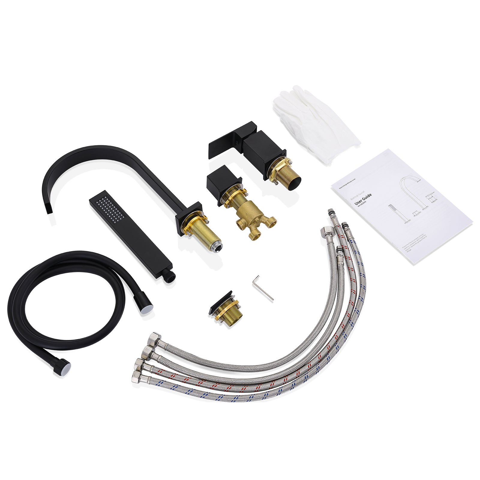 Homelody Robinet Baignoire 4 Trous Noir, Bec Cascade Pivotant 360°, Mitigeur Bain-Douche en Laiton Durable avec Douchette