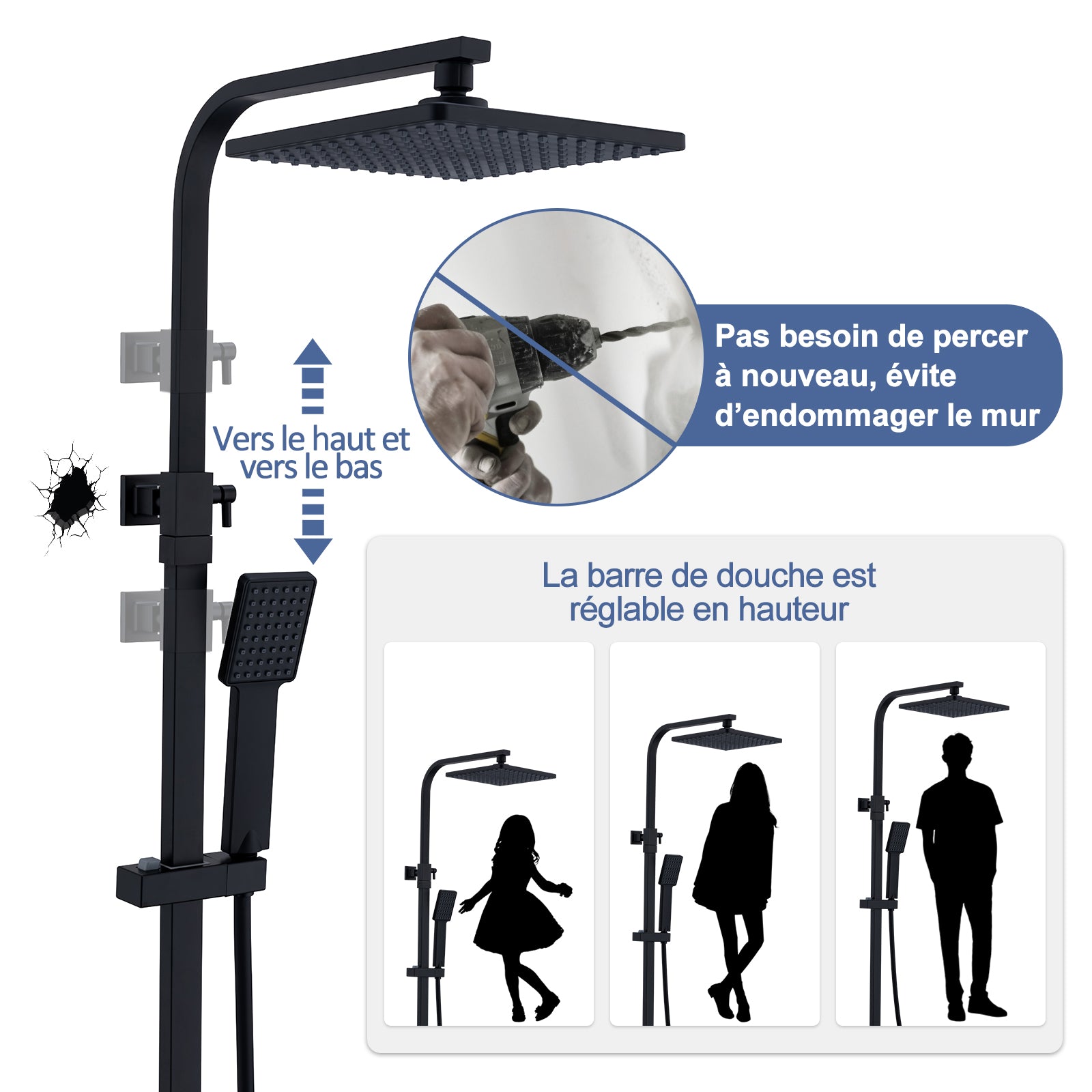 HOMELODY Colonne de Douche Thermostatique 38℃ En Laiton, Ensemble de Douche Noir Réglable en Hauteur, Mitigeur Douche pour Salle de Bain