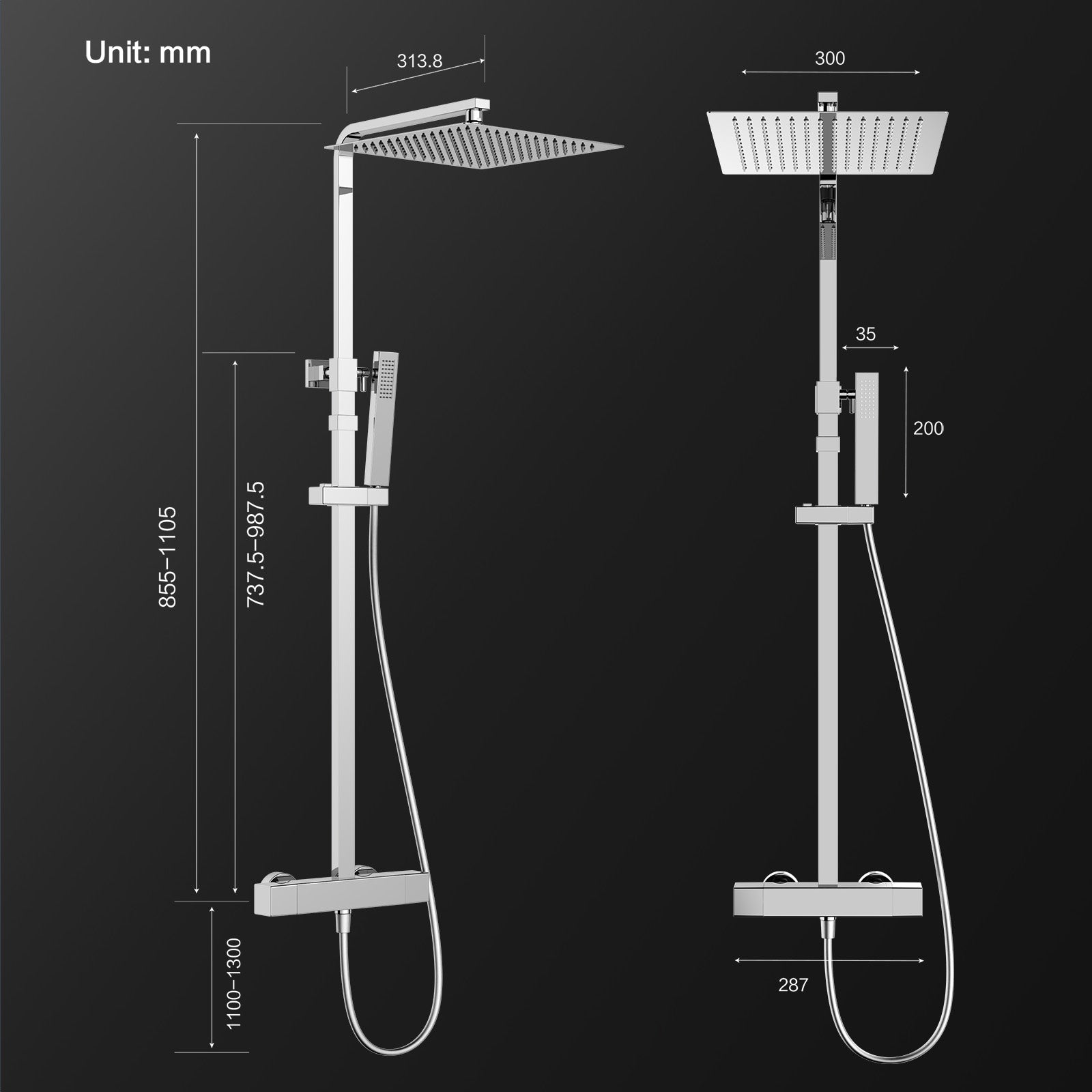 Homelody Colonne de Douche Thermostatique Système de Douche Hauteur Réglable Colonne de Douche Avec Grand Jet de Plafond Carré de 12 Pouces Ensemble de Douche Chromé Corps en Laiton