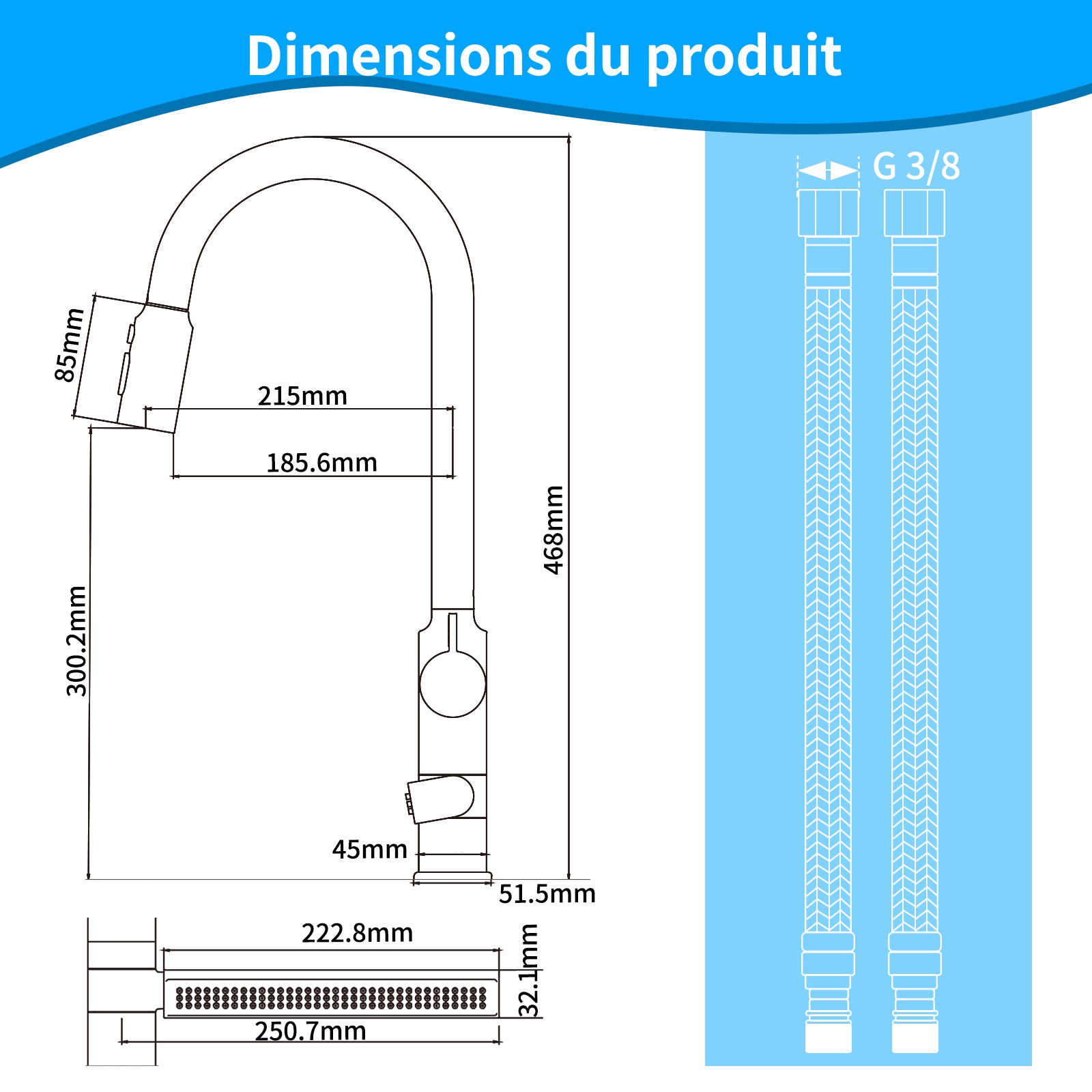 Homelody Mitigeur Cuisine Noir - Robinet de cuisine cascade avec Rotation à 360 ° avec Douchette Extractible 3 Jets