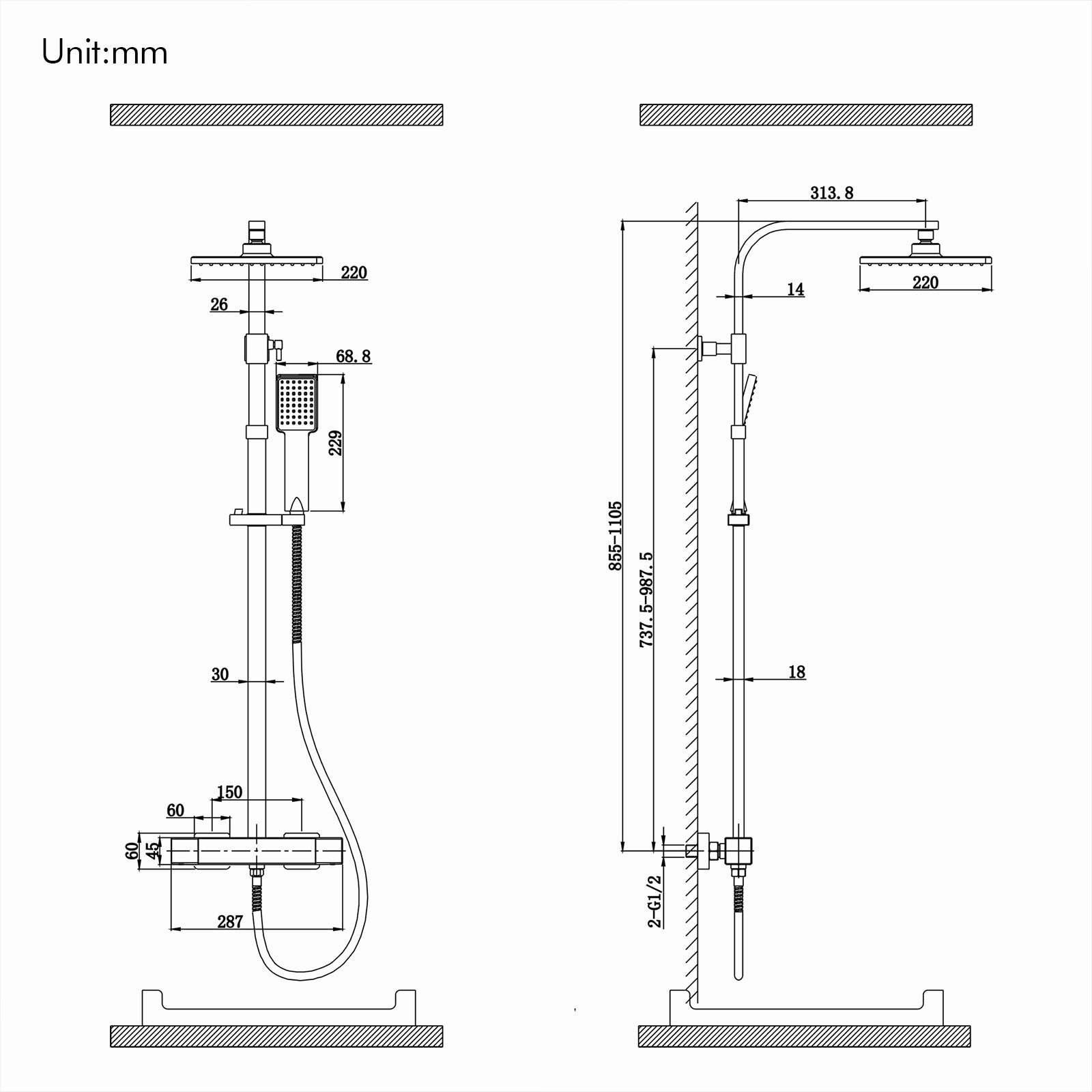 Système de douche Homelody avec thermostat, kit de douche en laiton avec robinetterie Pomme de douche à effet pluie (200 x 200 mm) Douchette, flexible, barre de douche, robinetterie de douche
