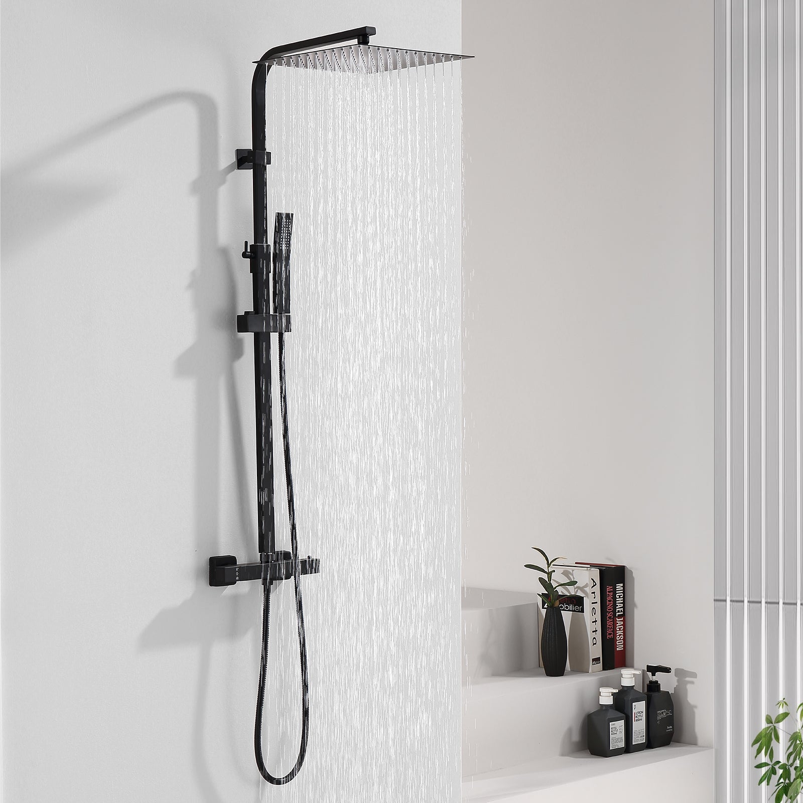 Homelody Colonne de Douche Thermostatique Système de Douche Hauteur Réglable Colonne de Douche Avec Grand Jet de Plafond Carré de 12 Pouces Ensemble de Douche Noir Corps en Laiton