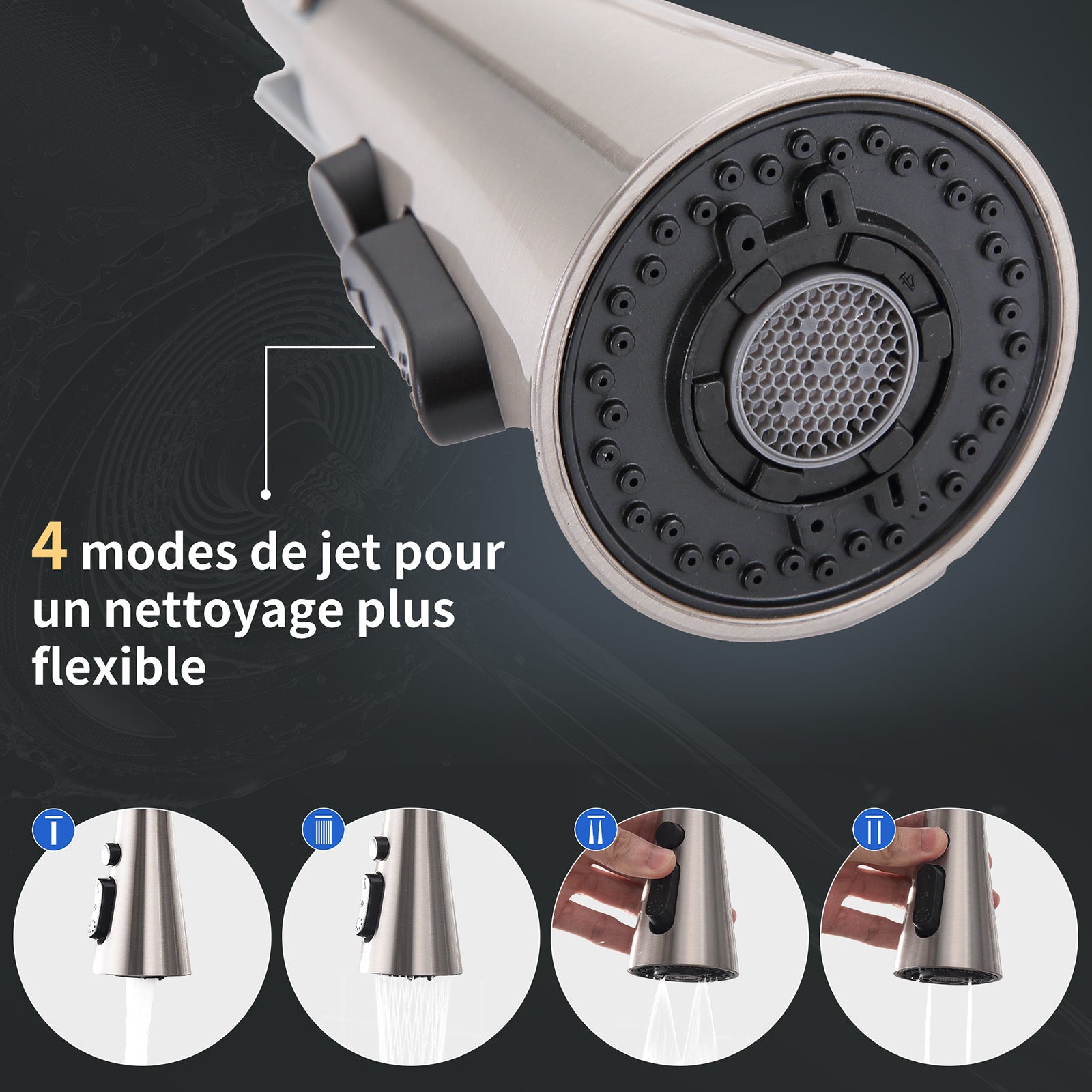 Homelody Mitigeur de Cuisine à Ressort 360° – Douchette 4 Fonctions, Contrôle Température & Débit