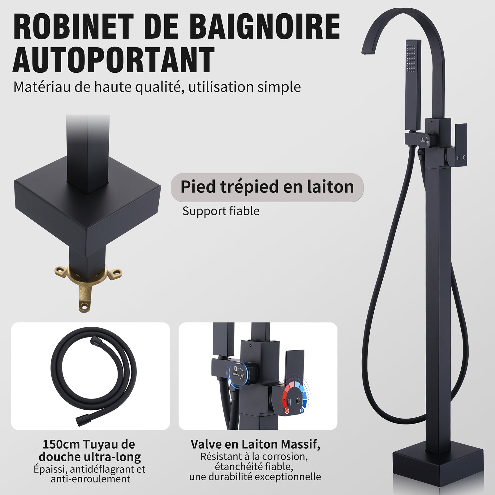Homelody Mitigeur de Baignoire sur Pied Noir en Laiton, Bec Cascade Pivotant 360°, Double Sortie (Bec + Douchette), Mitigeur Monocommande Réglable