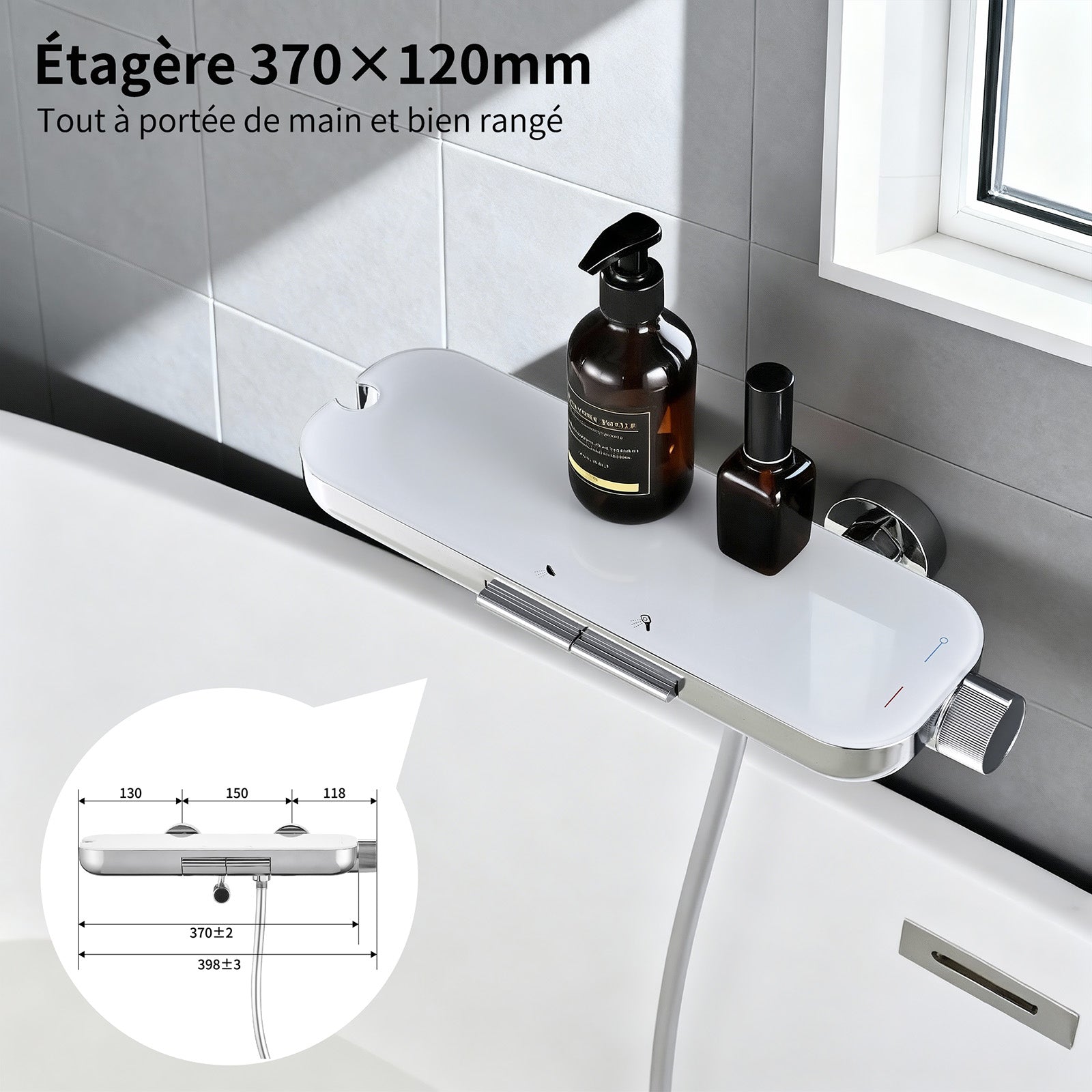 HOMELODY Robinet Baignoire avec Tablette 120×370 mm, Douchette à Main et Sortie Bain, Chrome