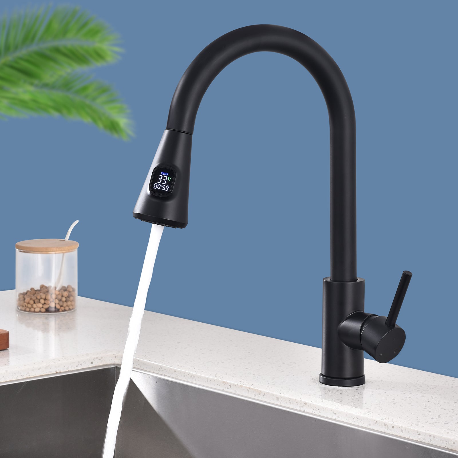 Homelody Robinet Cuisine Avec Affichage LED Température,Mitigeur Cuisine Avec Douchette Pivotant à 360° d'Évier à Arc Élevé Pulvérisateur Escamotable 2 Modes, Acier Inoxydable