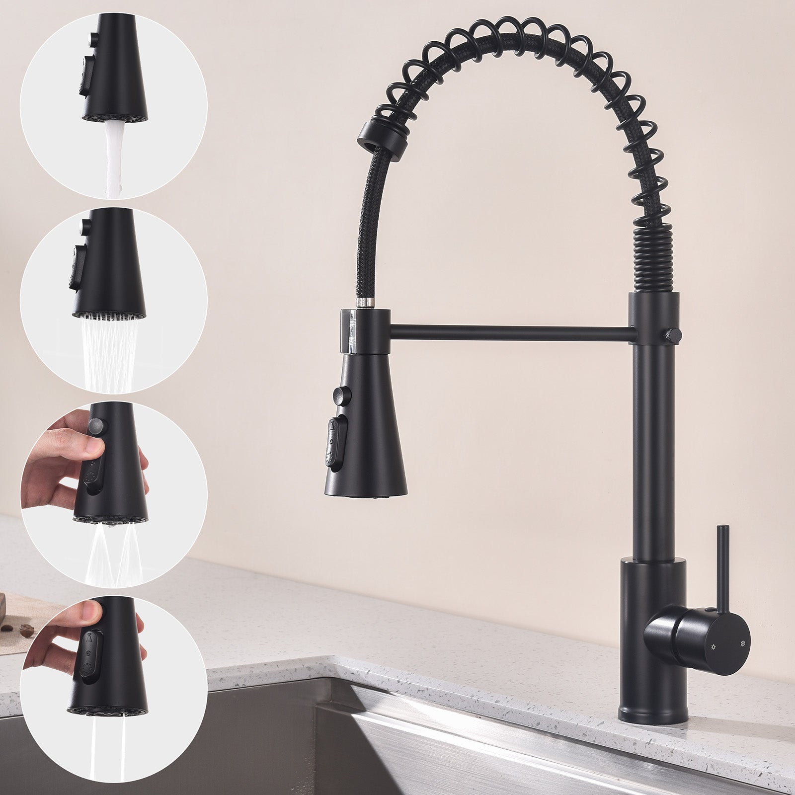 Homelody Mitigeur de Cuisine à Ressort 360° – Douchette 4 Fonctions, Contrôle Température & Débit