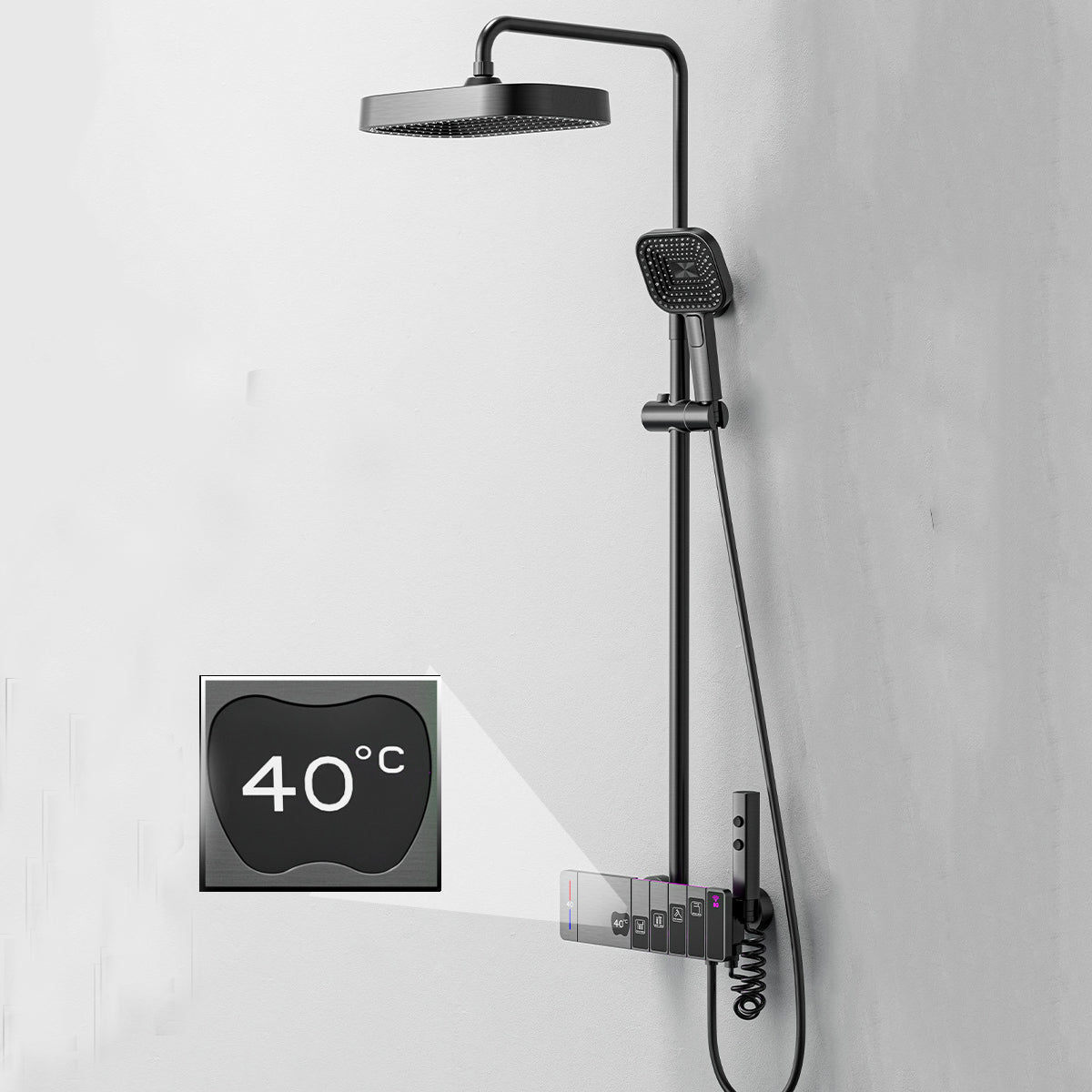 Homelody Créativité 40 ℃ Thermostatique Hauteur Réglable Système de douche à affichage numérique avec Plateau de Rangement avec mitigeur de Baignoire pour Salle de Bain à lumière ambiante
